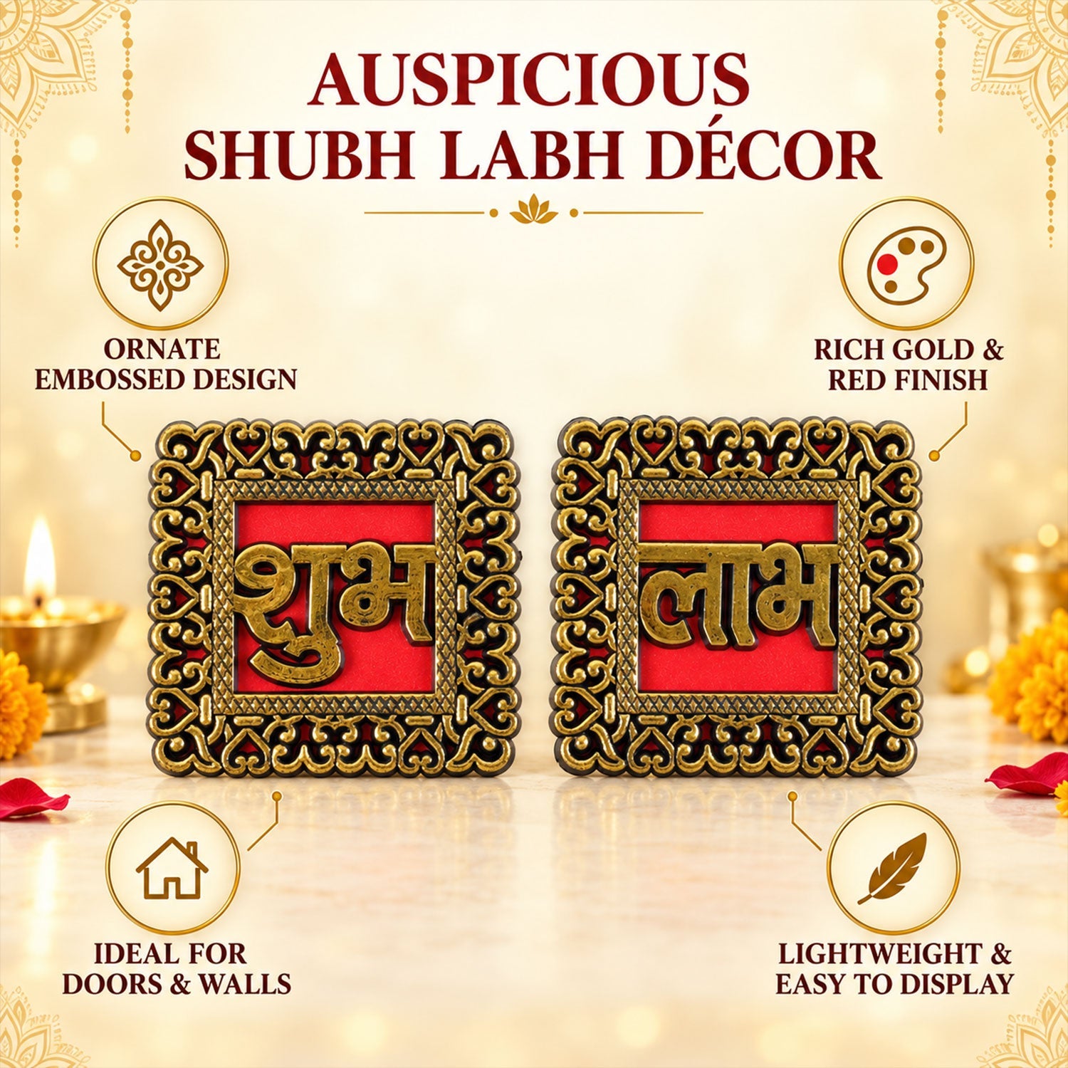 Two red and gold Shubh Labh plaques on a table, with icons detailing their ornate design and suitability for doors.