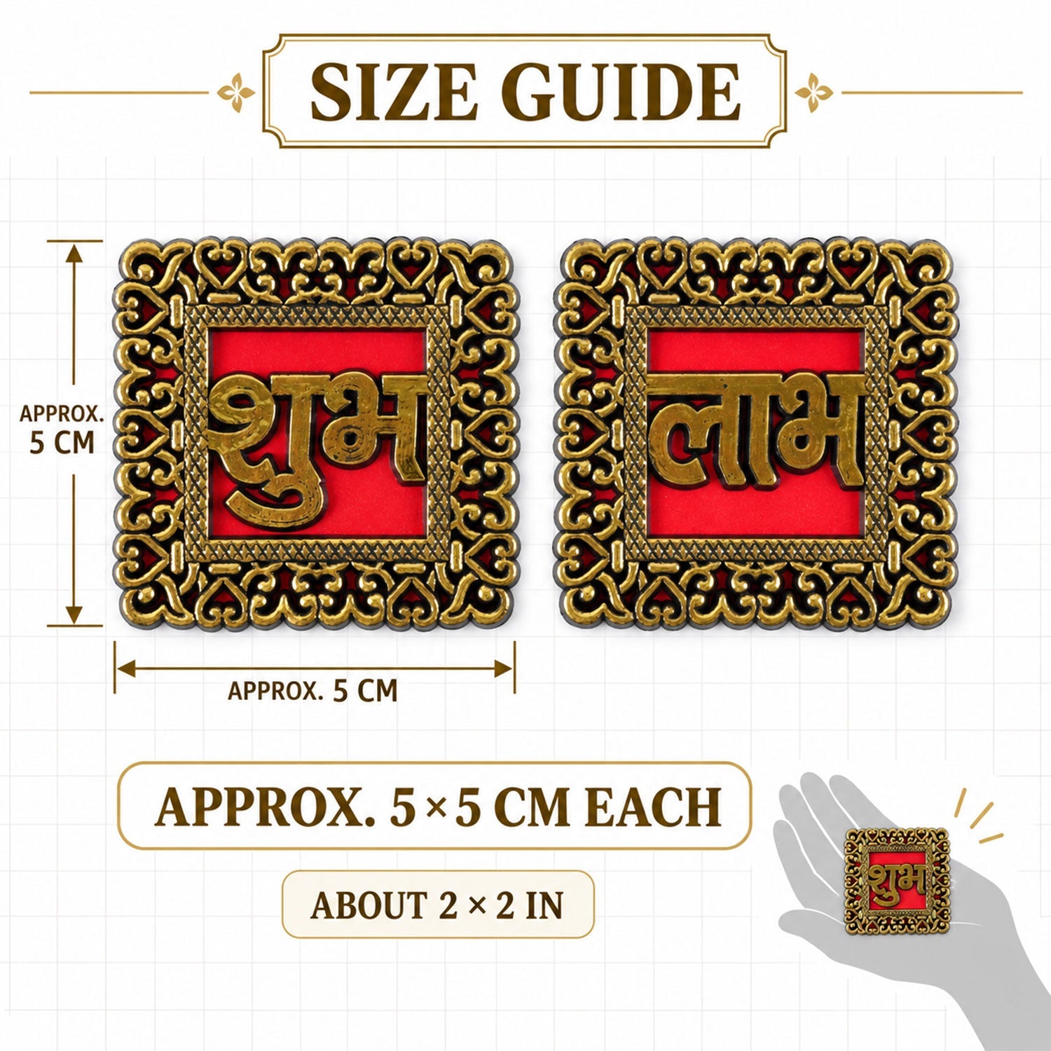 A size guide for the 5x5 cm red and gold Shubh Labh stickers, with a hand holding one for scale.