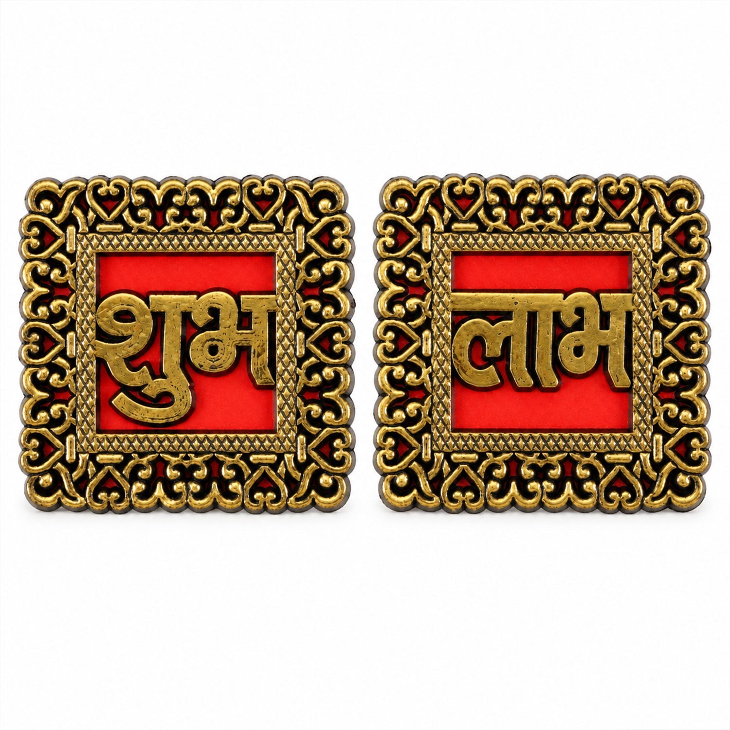 A pair of square red and gold Shubh Labh decorative plaques with detailed borders on a white background.