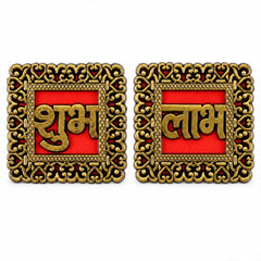 A pair of square red and gold Shubh Labh decorative plaques with detailed borders on a white background.