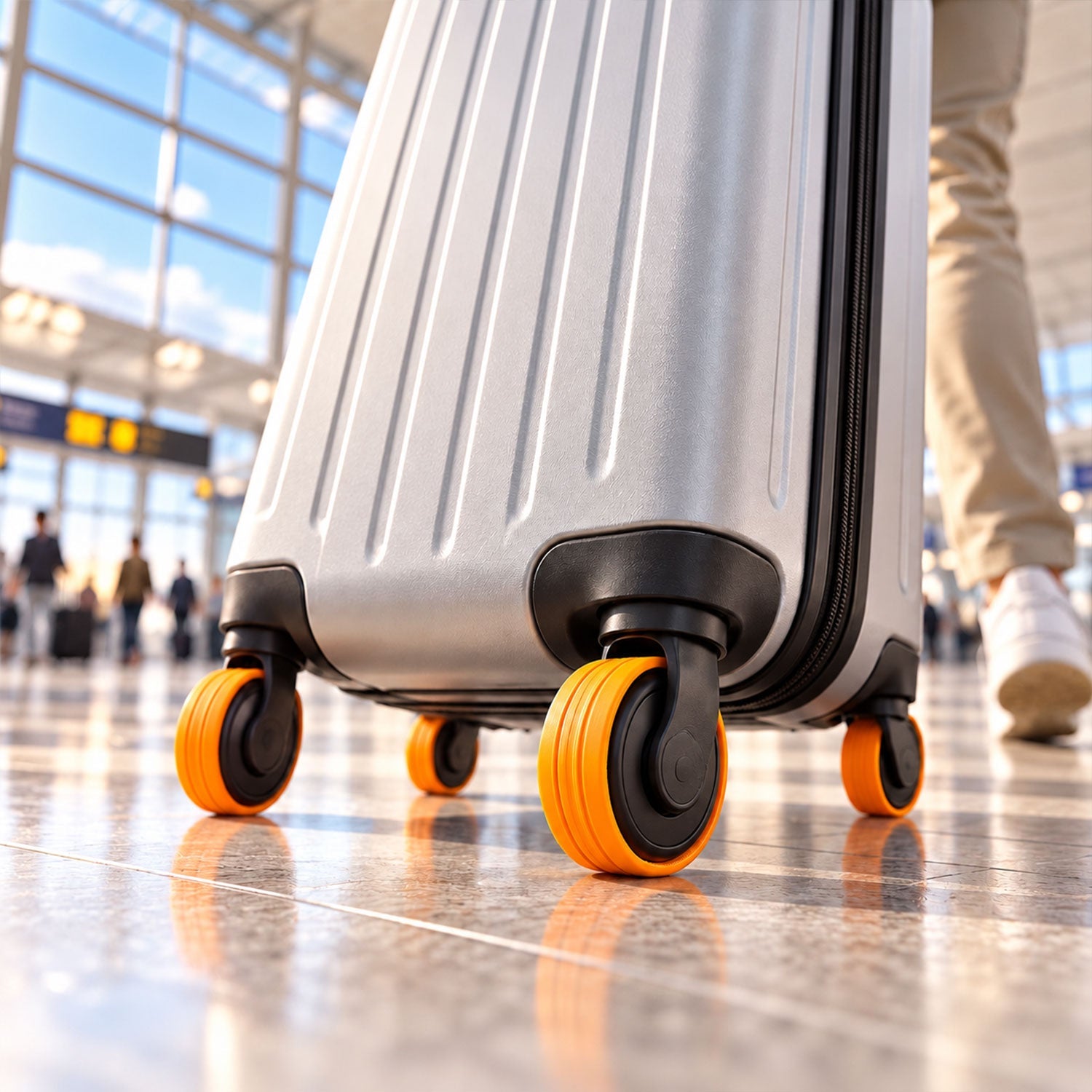 A silver suitcase with bright orange wheel covers rolls across a tiled airport floor.