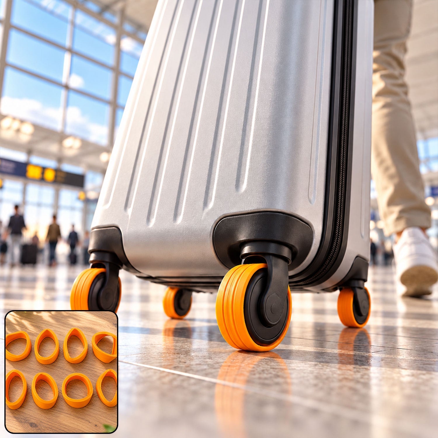 A silver suitcase with vibrant orange wheel protectors moves on a shiny airport floor, with a small inset of eight covers.