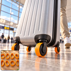 A silver suitcase with vibrant orange wheel protectors moves on a shiny airport floor, with a small inset of eight covers.