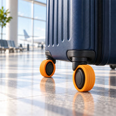 A dark blue suitcase with two visible orange wheel covers stands on a light-colored tiled floor.