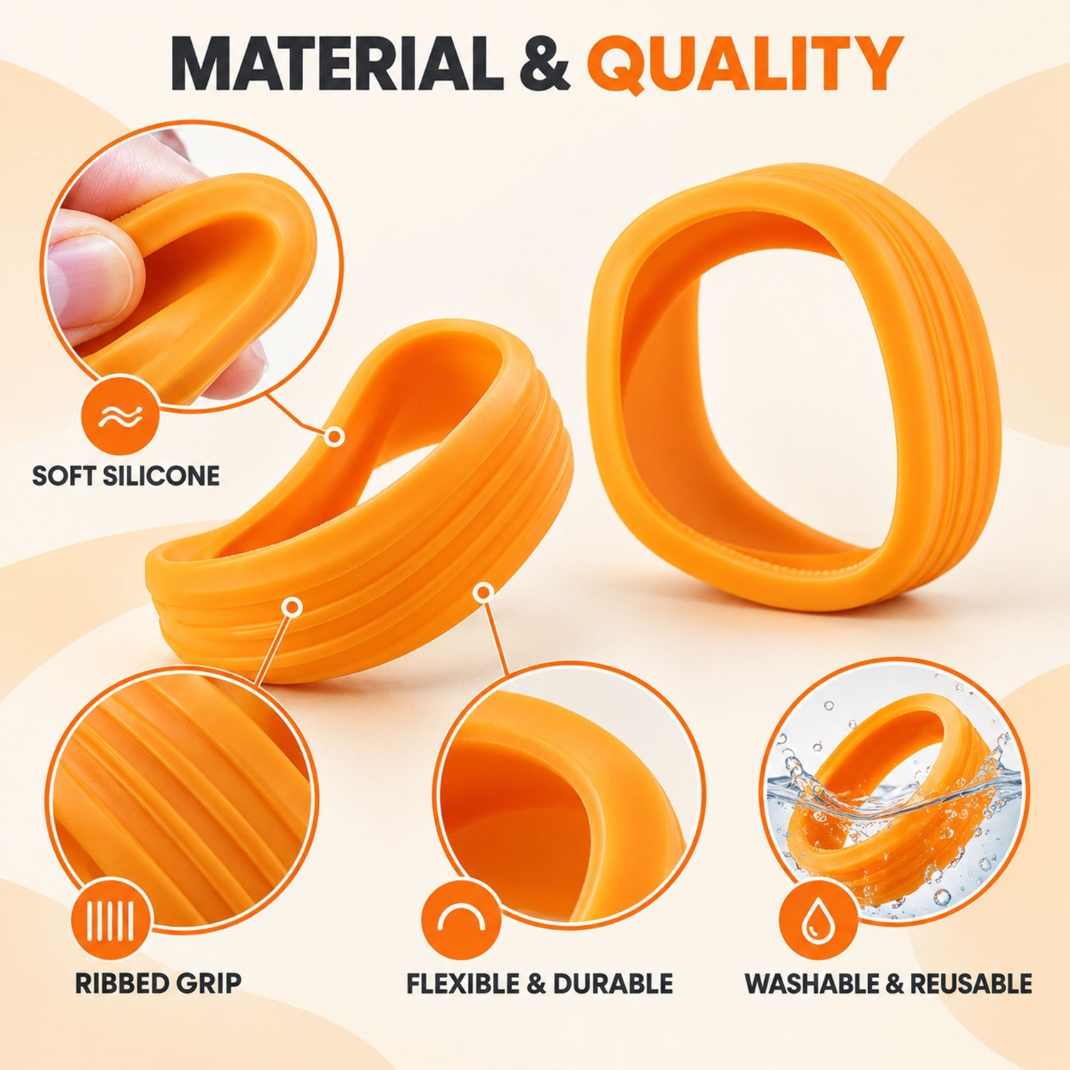 Two orange silicone wheel covers demonstrate soft, ribbed, flexible, durable, washable, and reusable qualities.