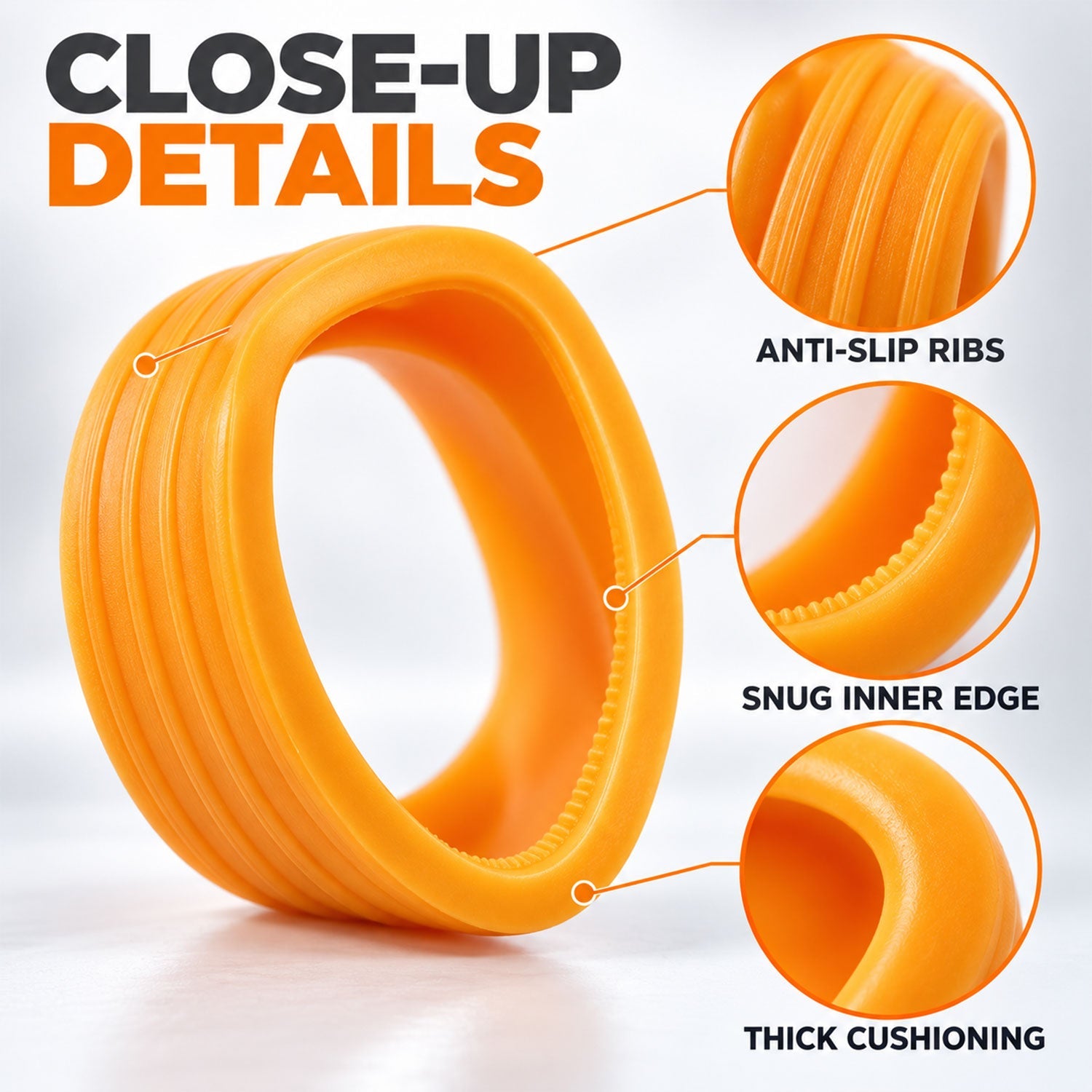 A close-up of an orange silicone wheel protector highlights anti-slip ribs, a snug inner edge, and thick cushioning.