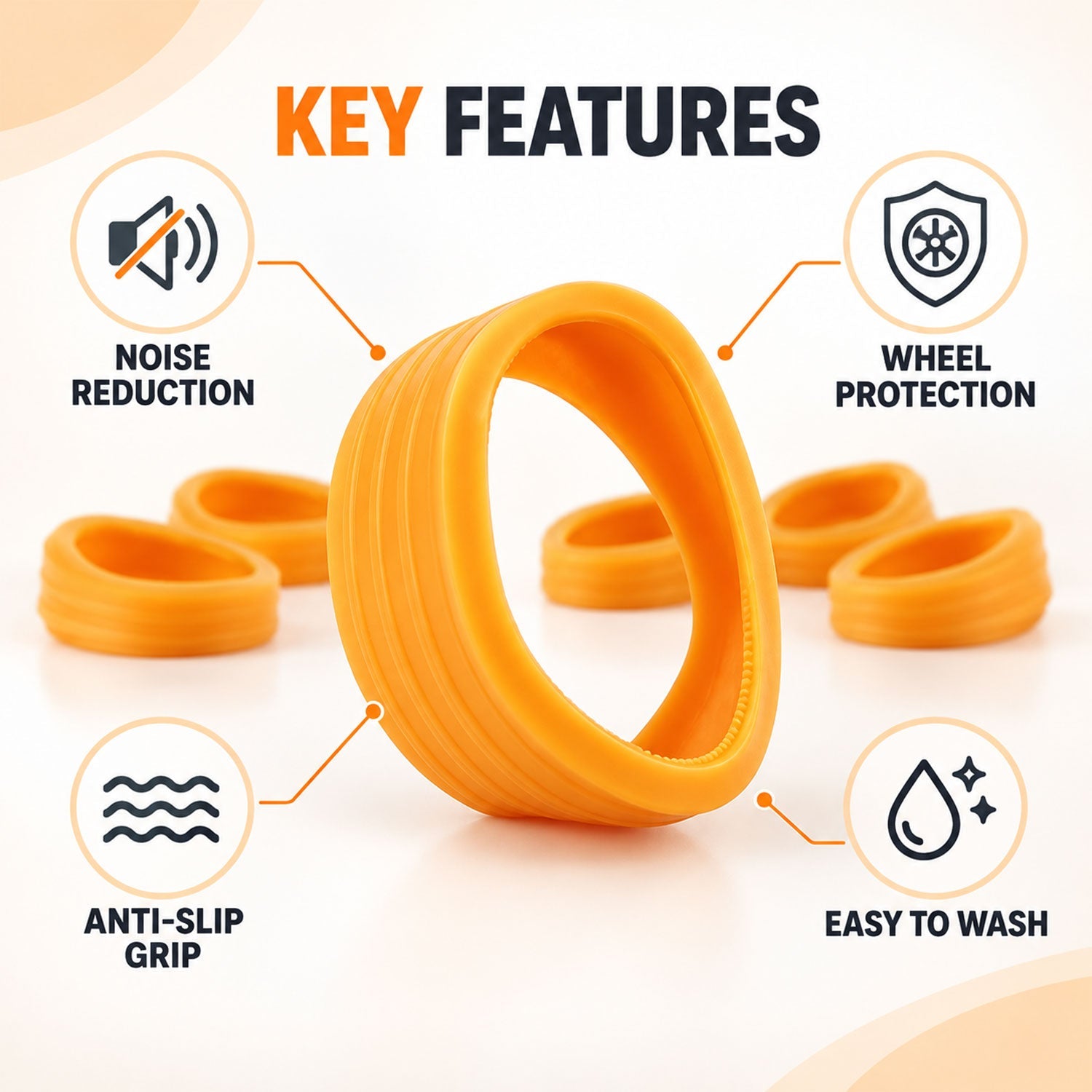 Five orange silicone wheel covers are arranged around a central one, illustrating noise reduction, wheel protection,