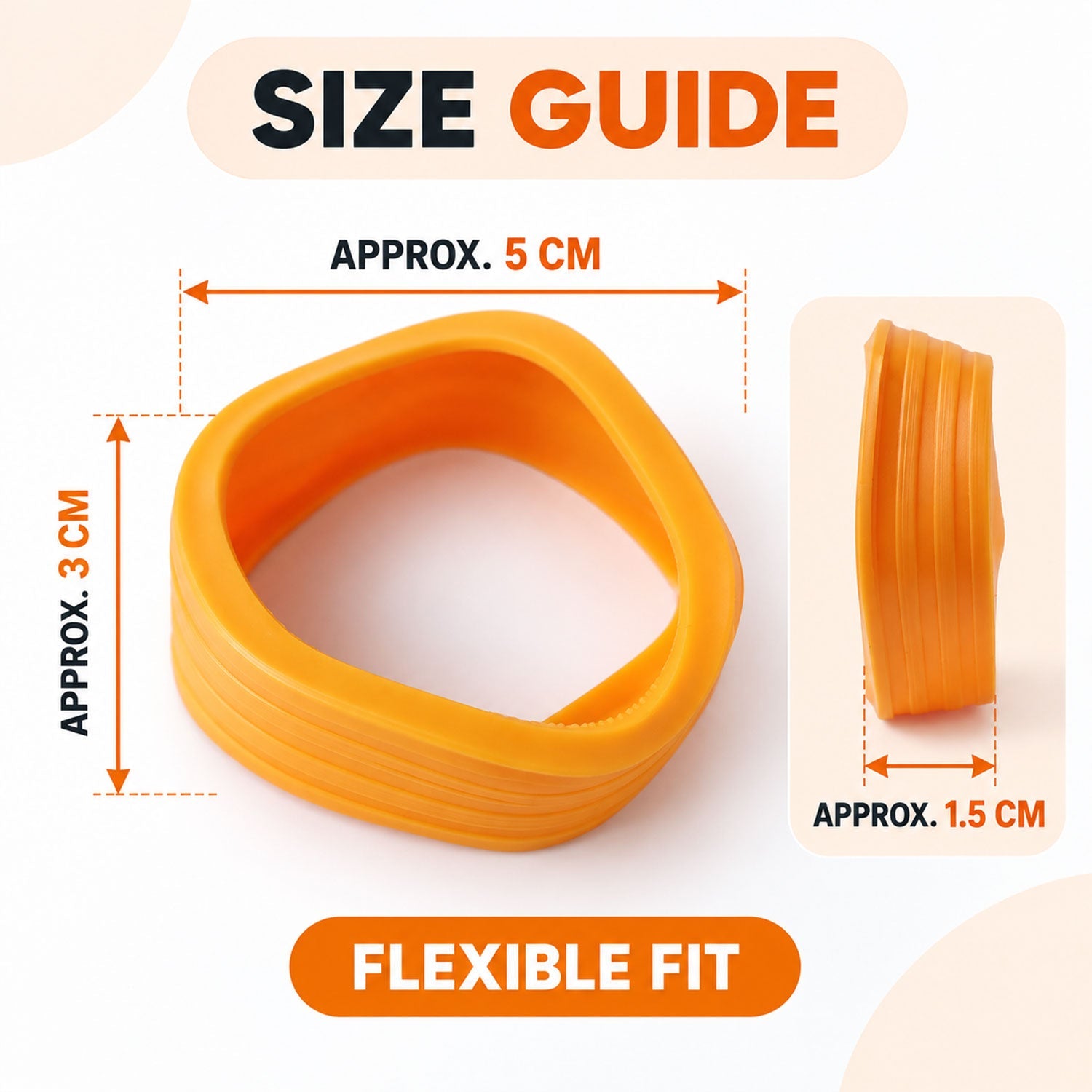 An orange silicone wheel cover with ribbed texture is displayed with approximate measurements of 5cm, 3cm, and 1.5cm.