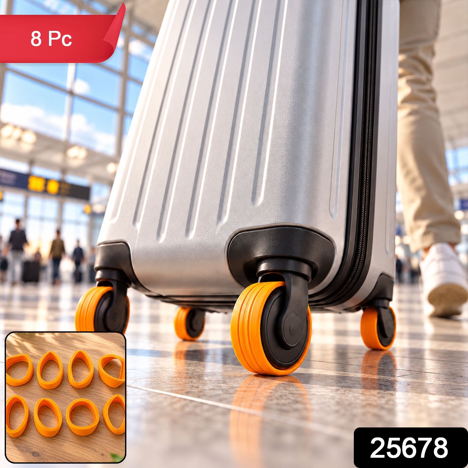 A silver suitcase with orange wheel covers rolls in an airport, with a small inset showing eight loose covers.
