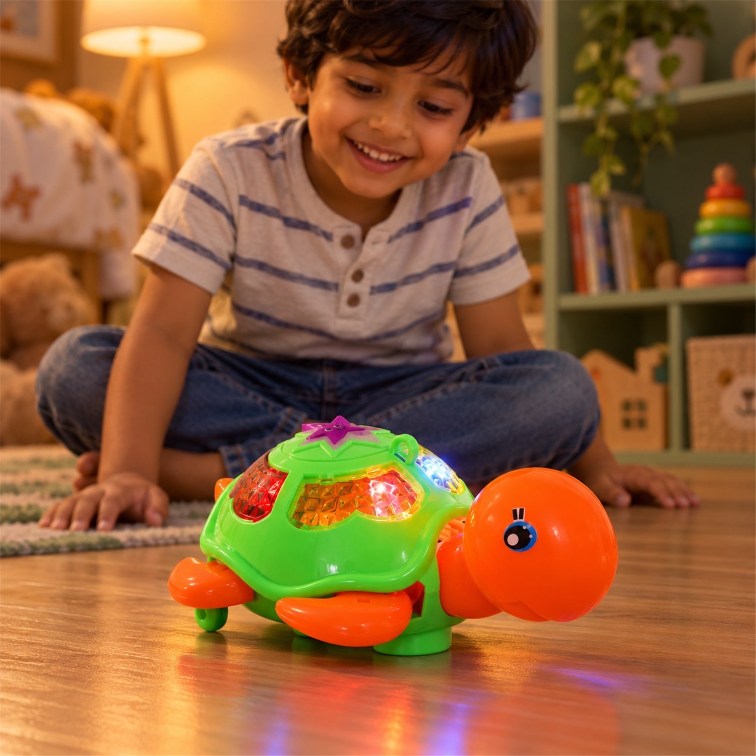 A young boy sits on a wooden floor, smiling as he watches the illuminated green and orange tortoise toy.