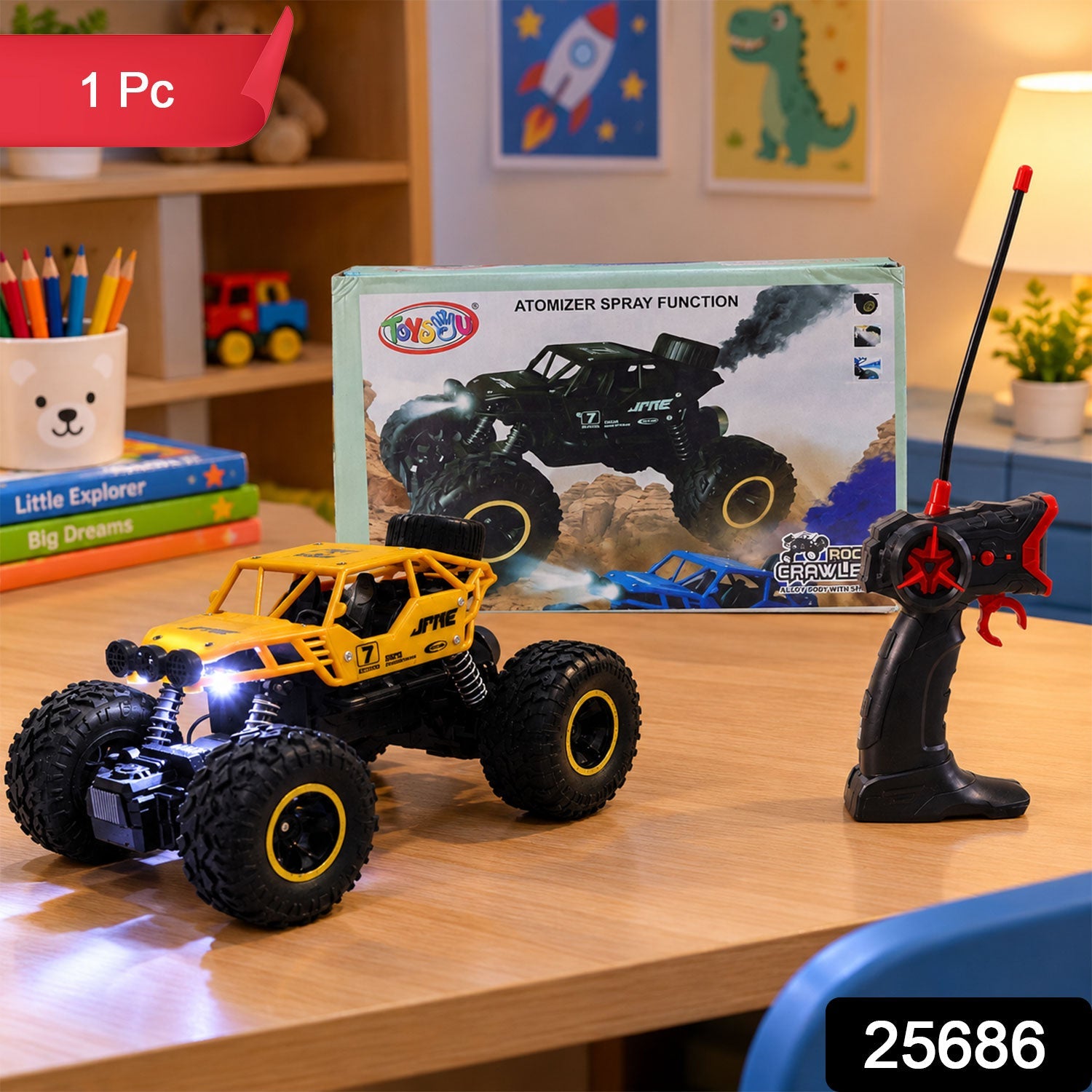 Remote control rock crawler toy with spray and lights 25686