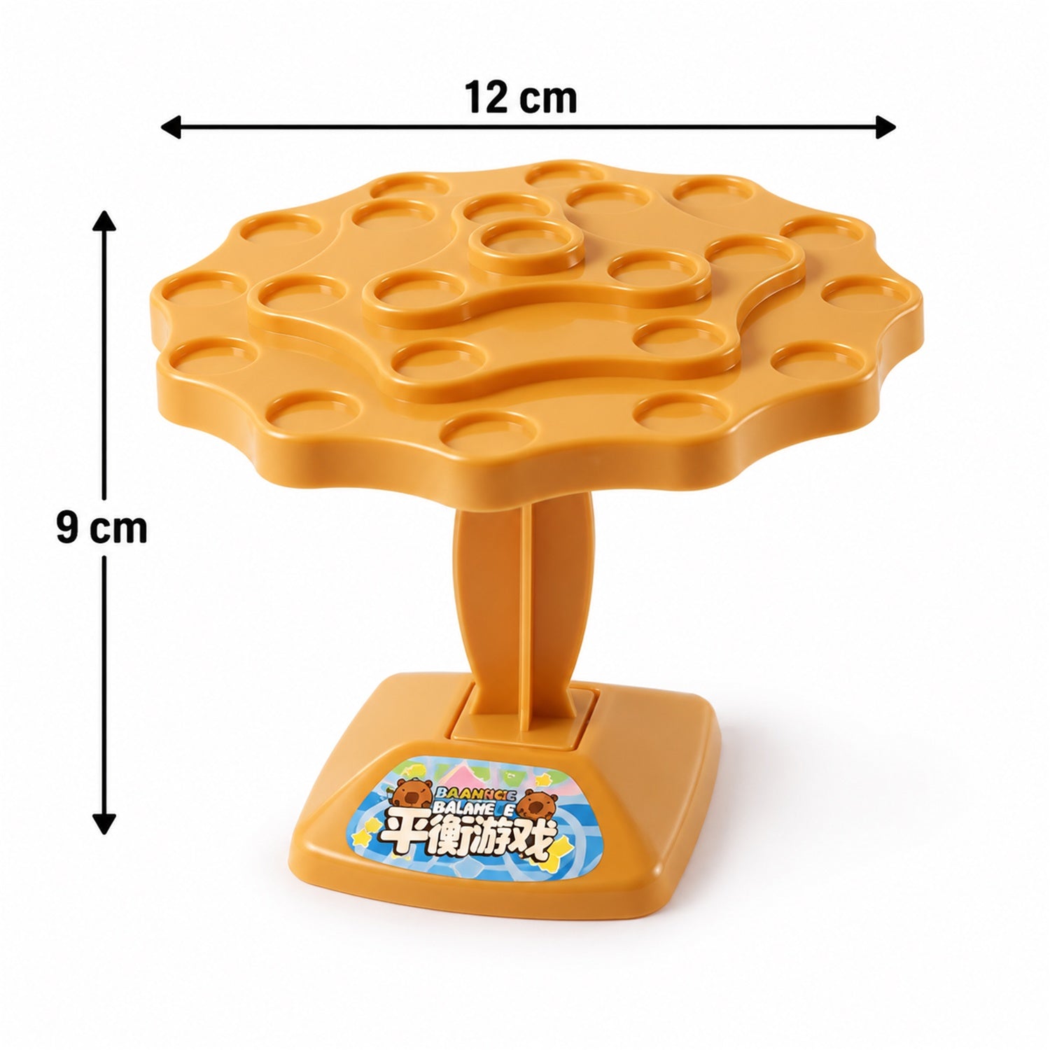 A side view of the brown capybara balance game board with measurements indicating 12 cm width and 9 cm height.