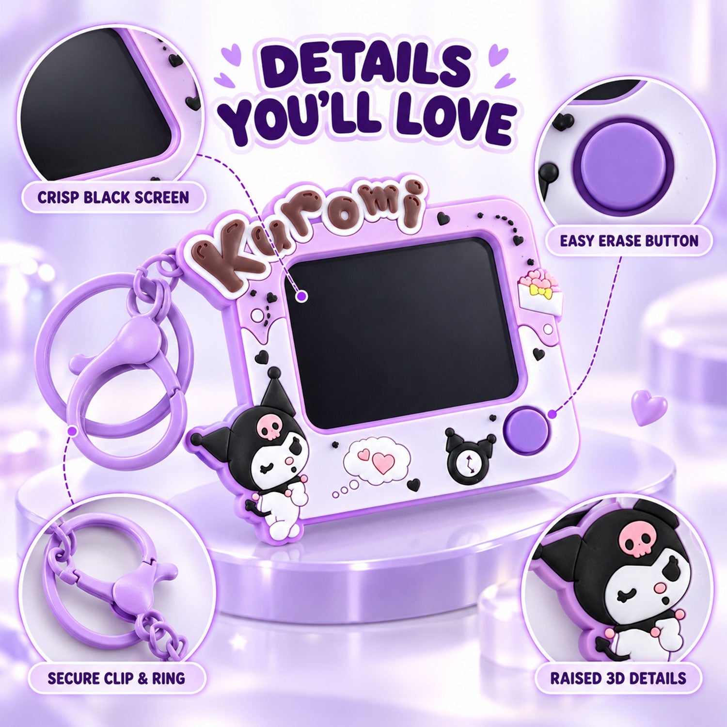 A purple Kuromi LCD writing tablet keychain on a pedestal, with close-ups of its black screen, erase button, clip, and 3D