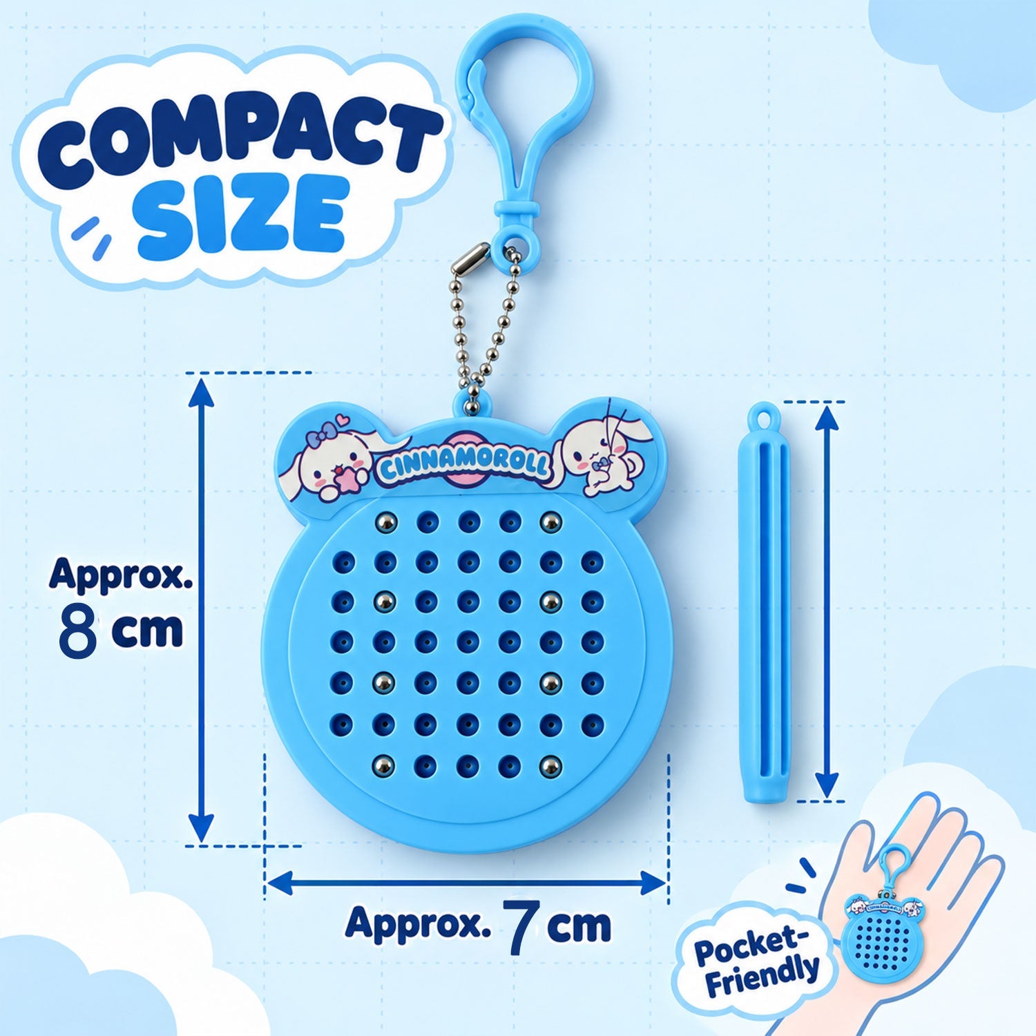 A blue Cinnamoroll magnetic drawing pad keychain with a stylus, showing approximate dimensions of 8 cm by 7 cm.