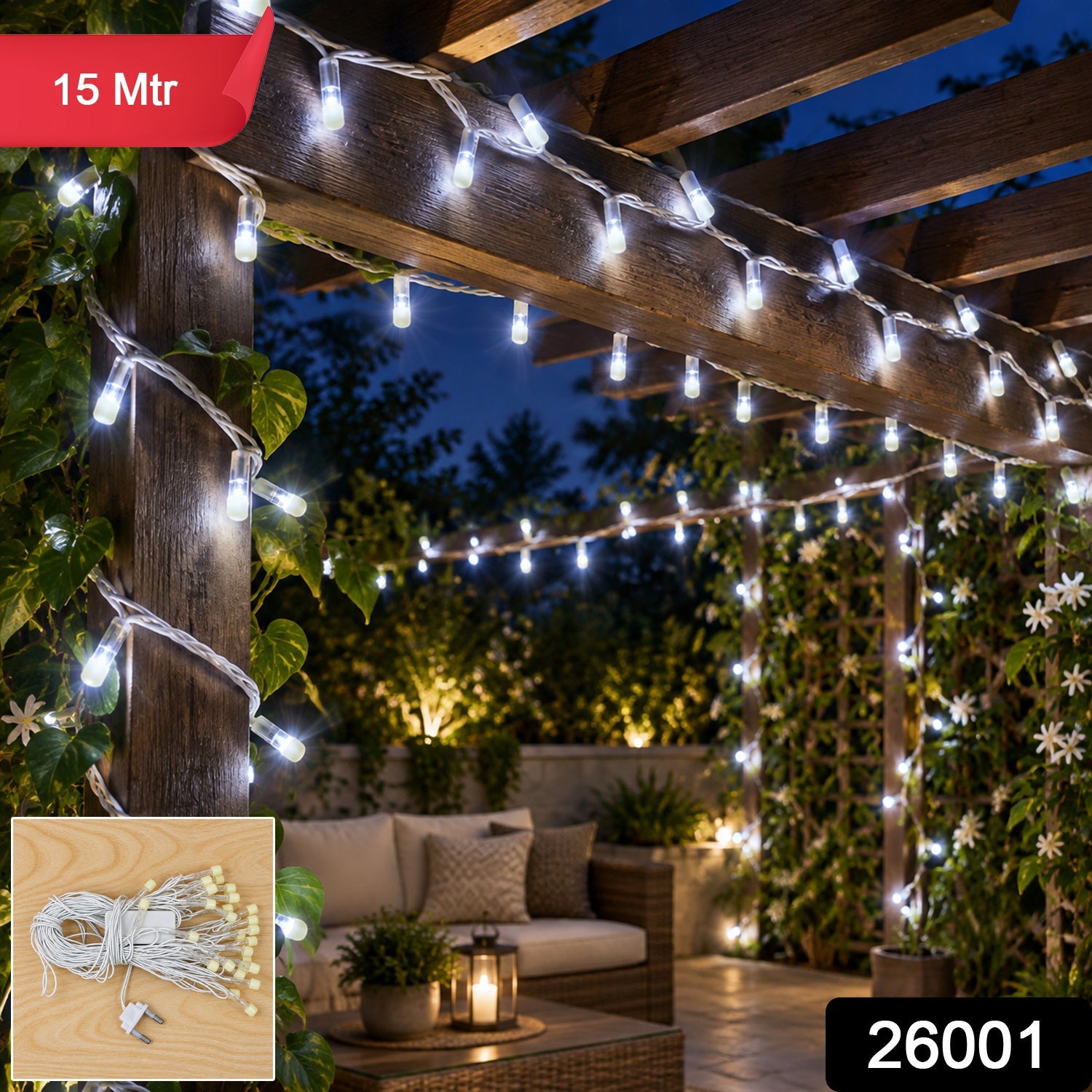 White LED string lights illuminating a wooden pergola with green vines, showing a small product inset.