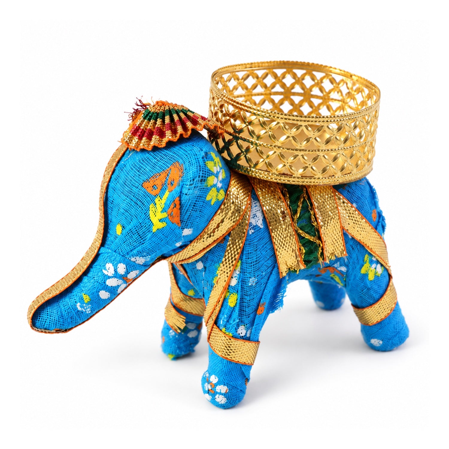 A vibrant blue fabric elephant candle holder with a gold lattice cup, isolated against a white background.