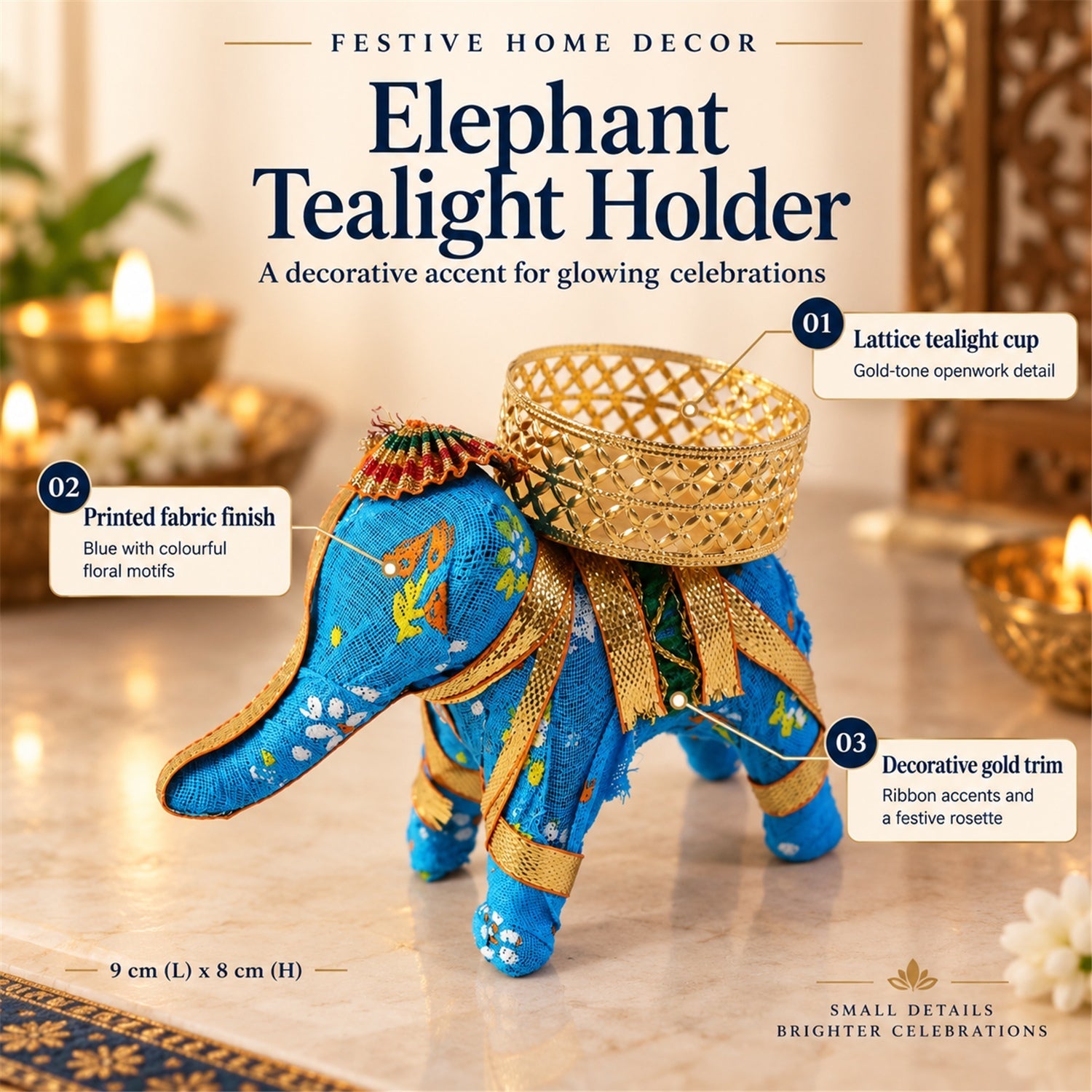 A blue fabric elephant candle holder with a gold lattice cup and decorative trim, shown with product details.