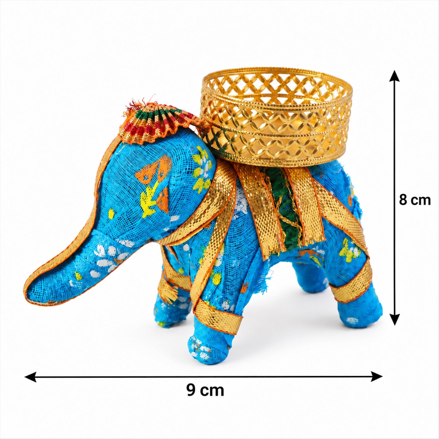 A blue fabric elephant candle holder with a gold lattice cup, displaying its dimensions against a white backdrop.