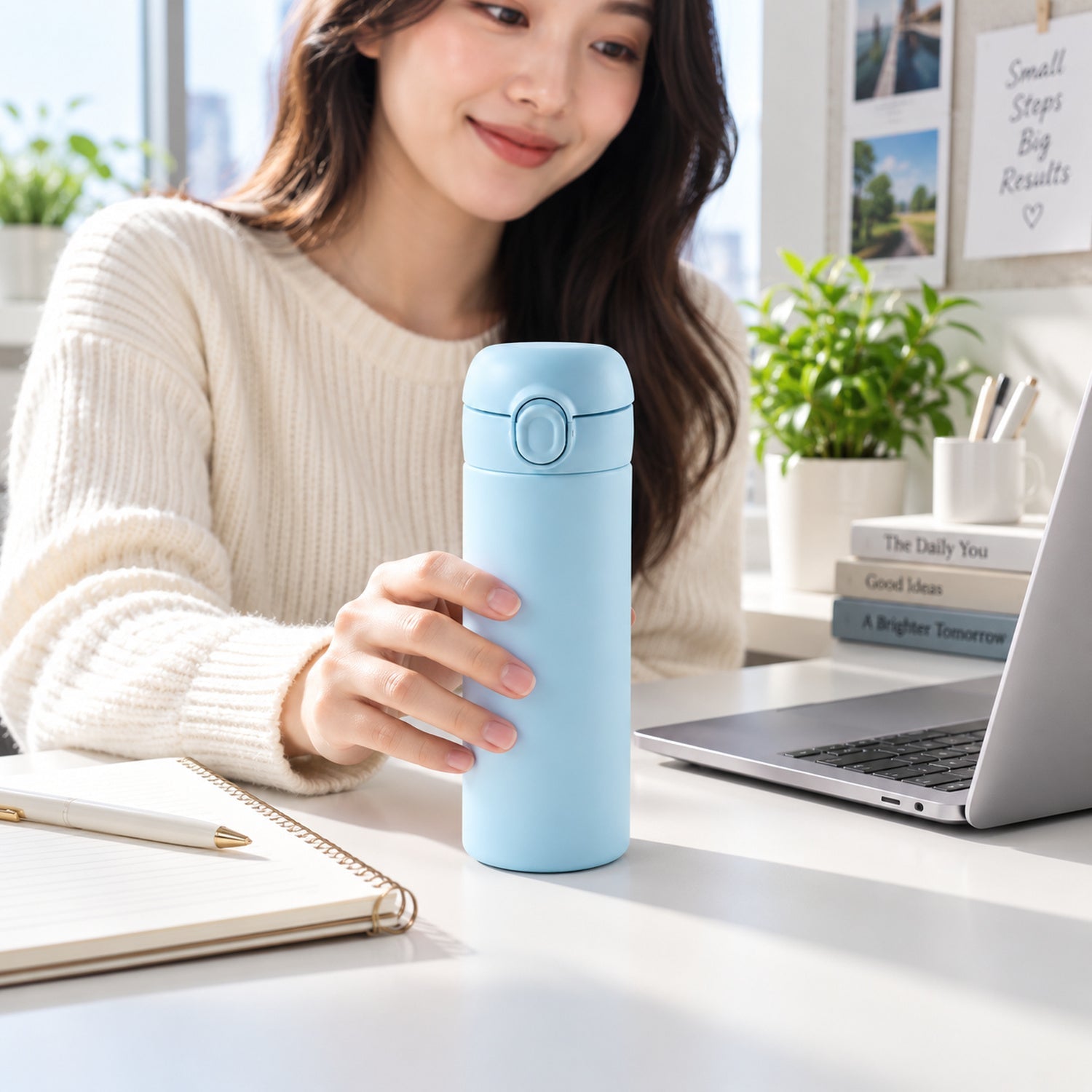 A person holds a light blue water bottle with a flip-top lid at a desk with a laptop and notebook.