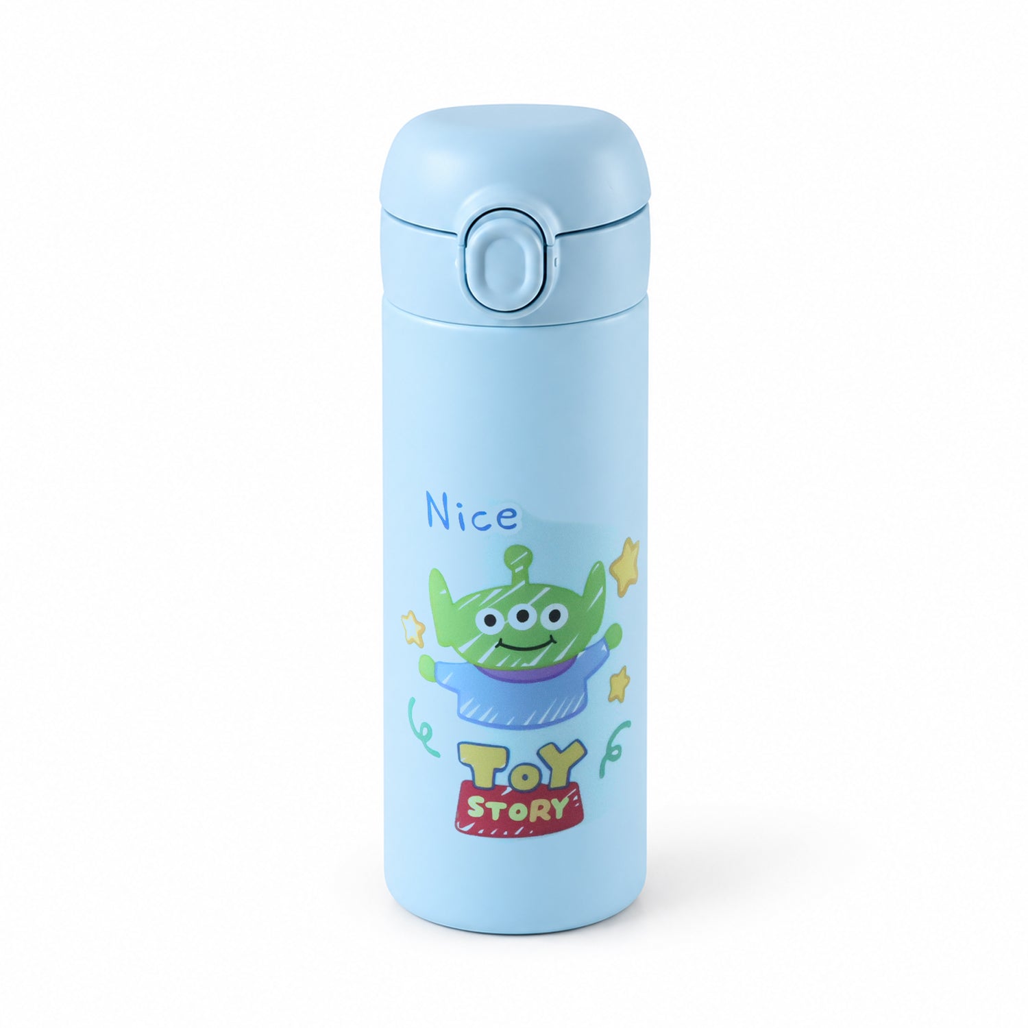 A light blue water bottle with a cartoon alien and stars design is shown on a plain white background.