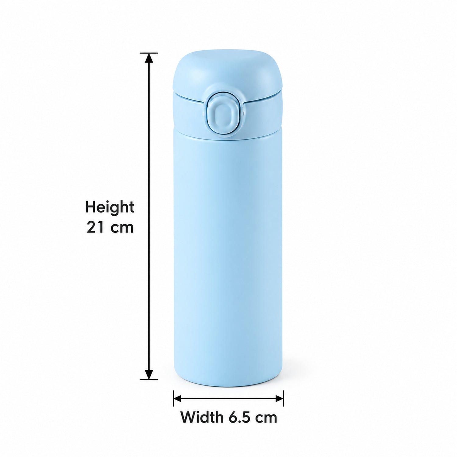 A light blue water bottle with a flip-top lid is shown with height and width measurements on a white background.