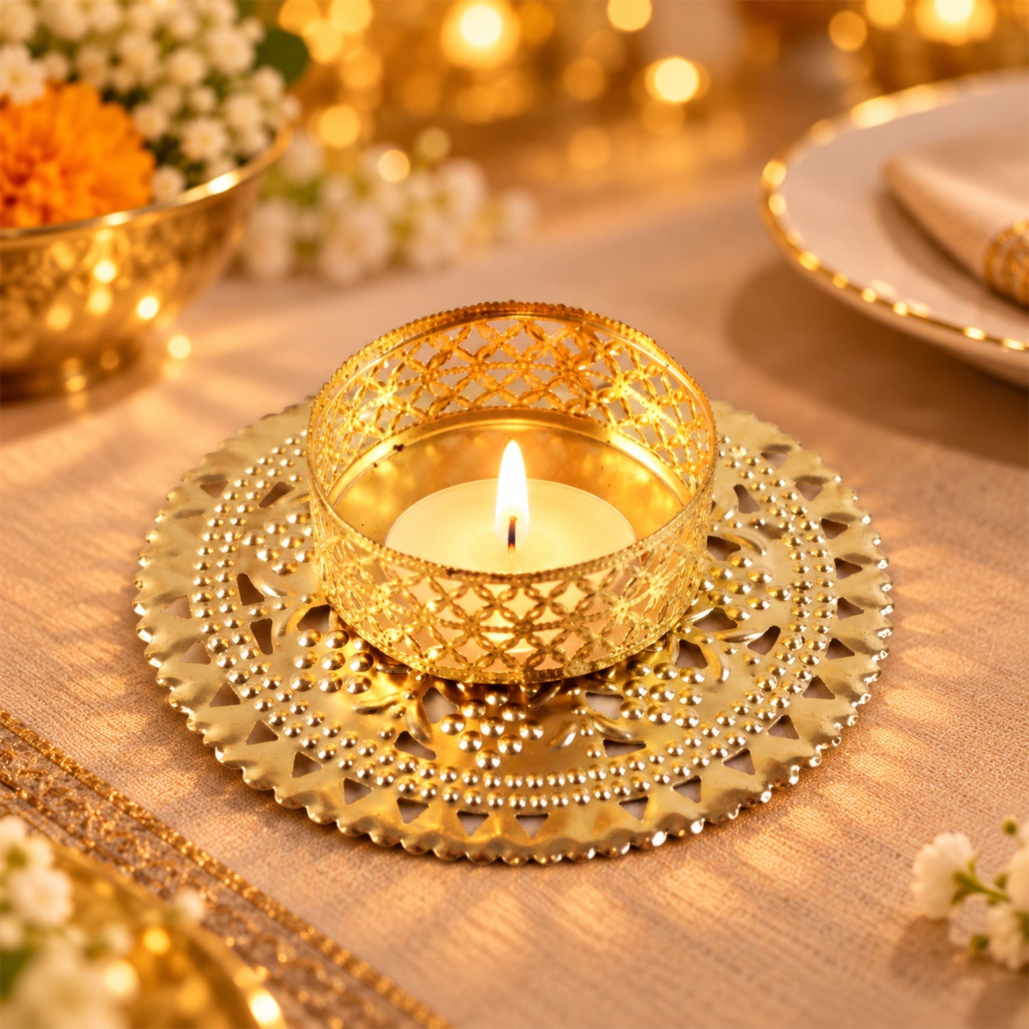 Gold tone metal jali tealight holder with lit candle on a festive table