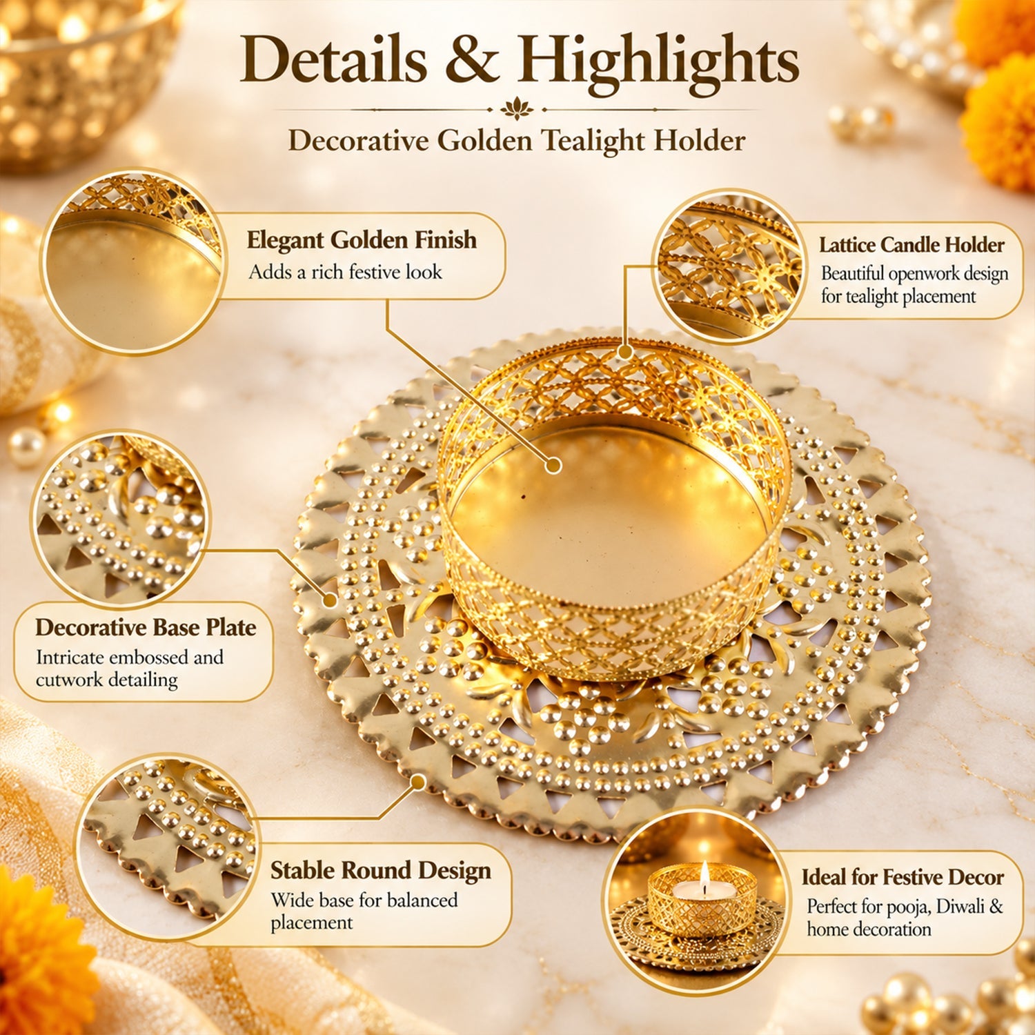 Close up of gold tone metal jali tealight holder showing intricate lattice pattern