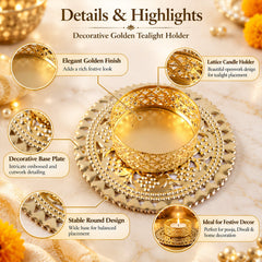 Close up of gold tone metal jali tealight holder showing intricate lattice pattern