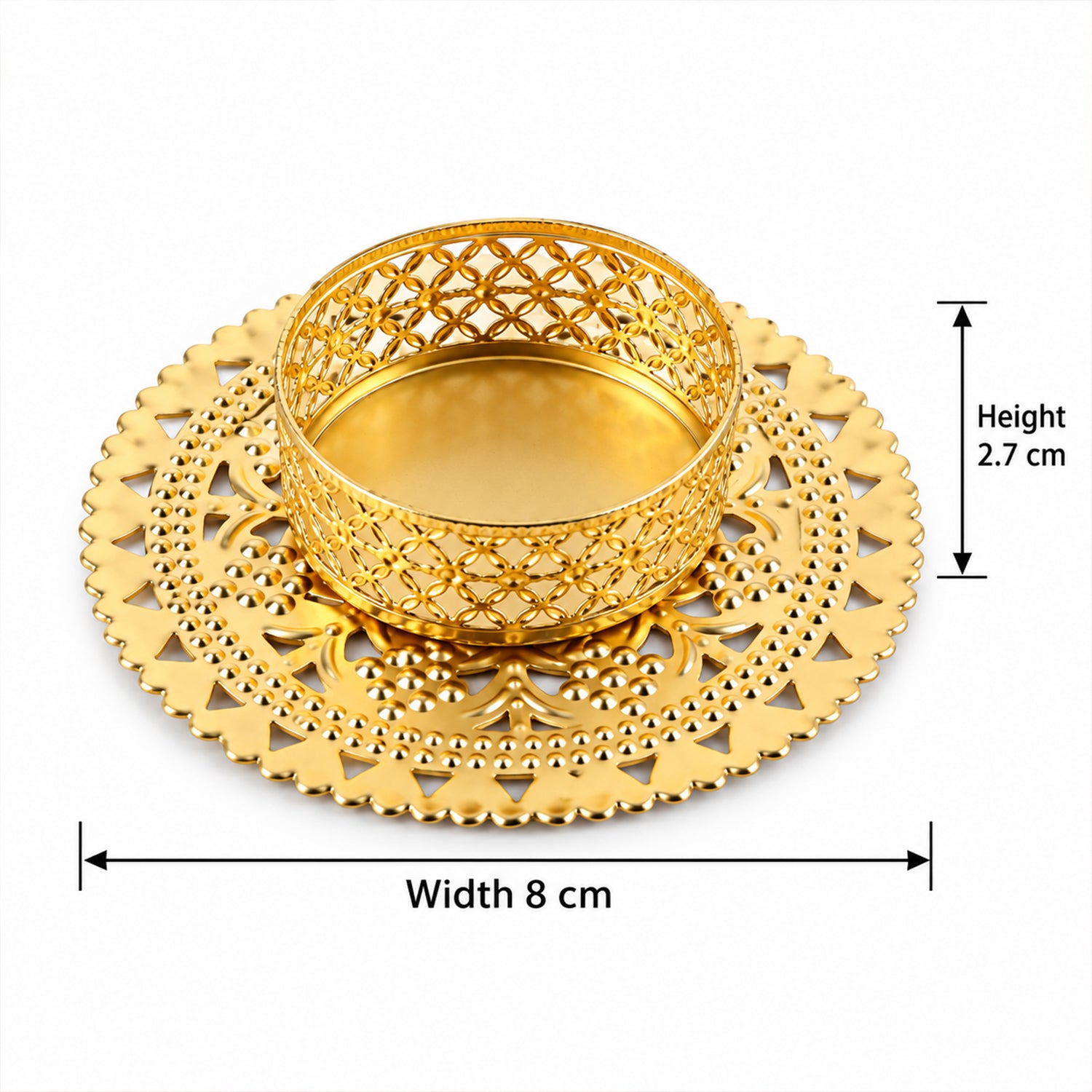 Gold tone metal jali tealight holder with approximate width and height measurements