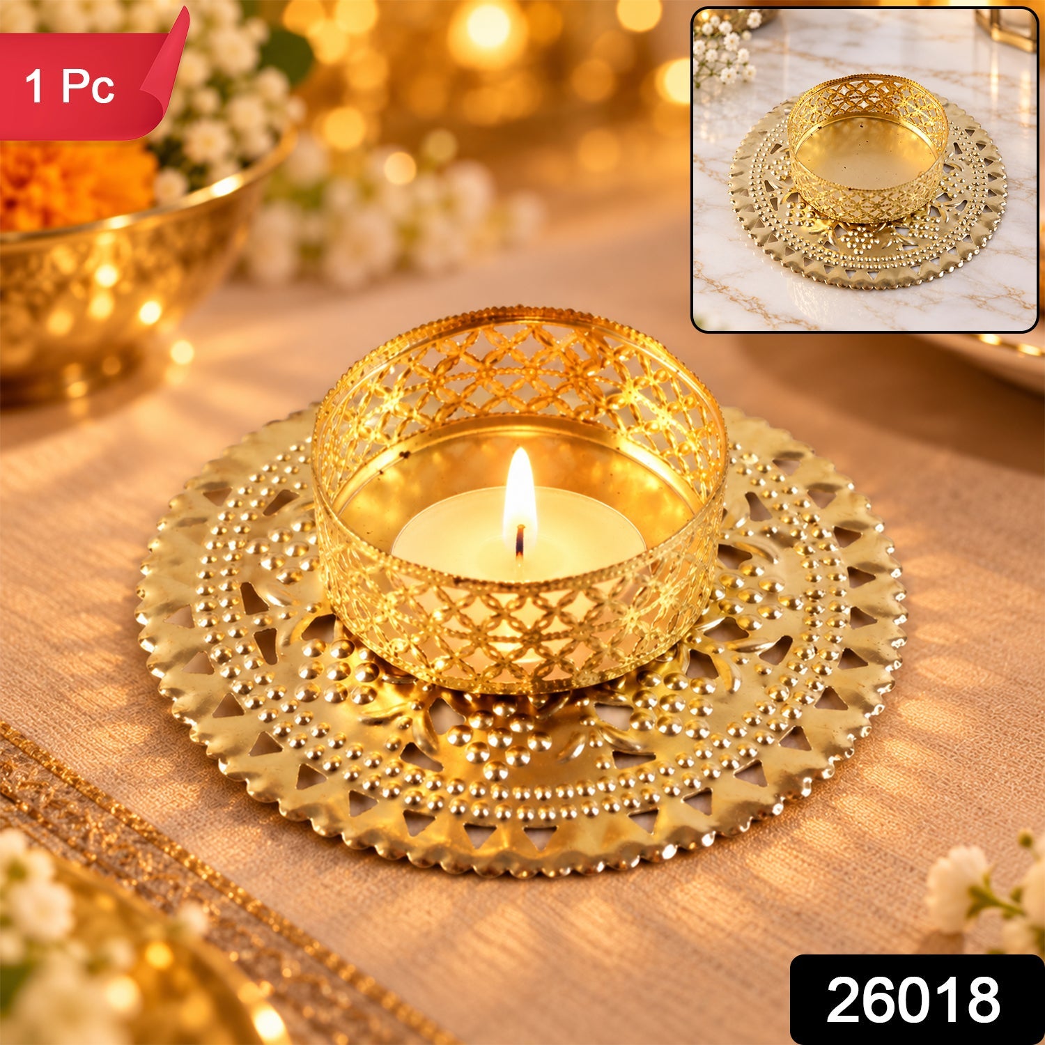 Single gold tone metal jali tealight holder on a white background