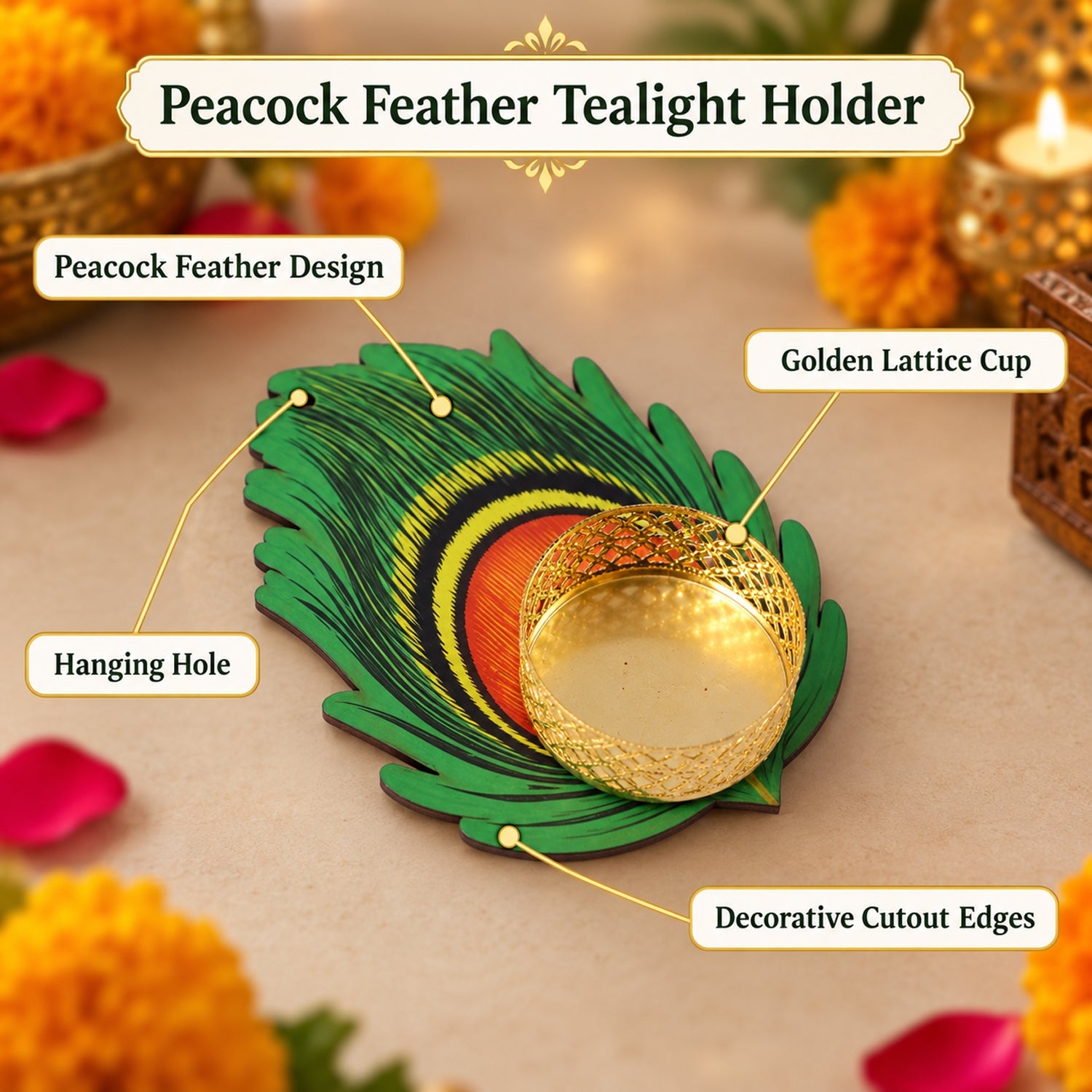 A green peacock feather design tealight holder with a golden lattice cup and decorative cutout edges highlighted.