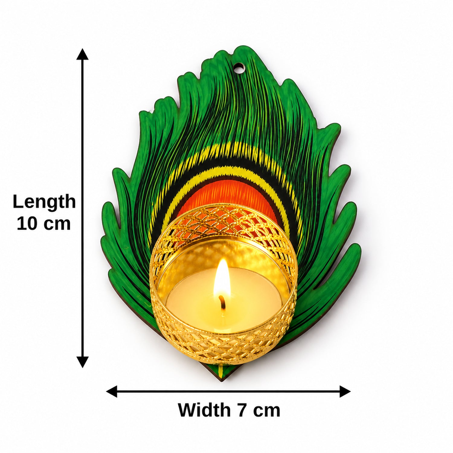 A lit tealight in a gold holder on a peacock feather base with dimensions: length 10 cm, width 7 cm.