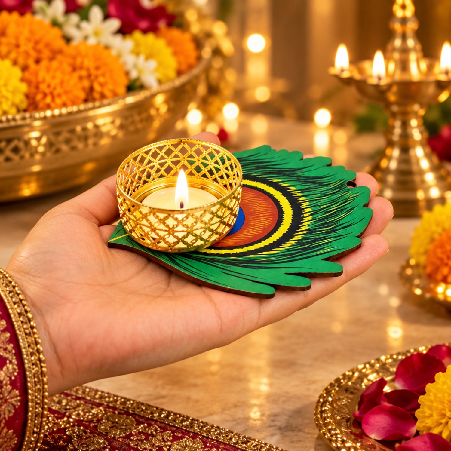 A hand holds a lit tealight in a gold holder on a green peacock feather base, with traditional decor.