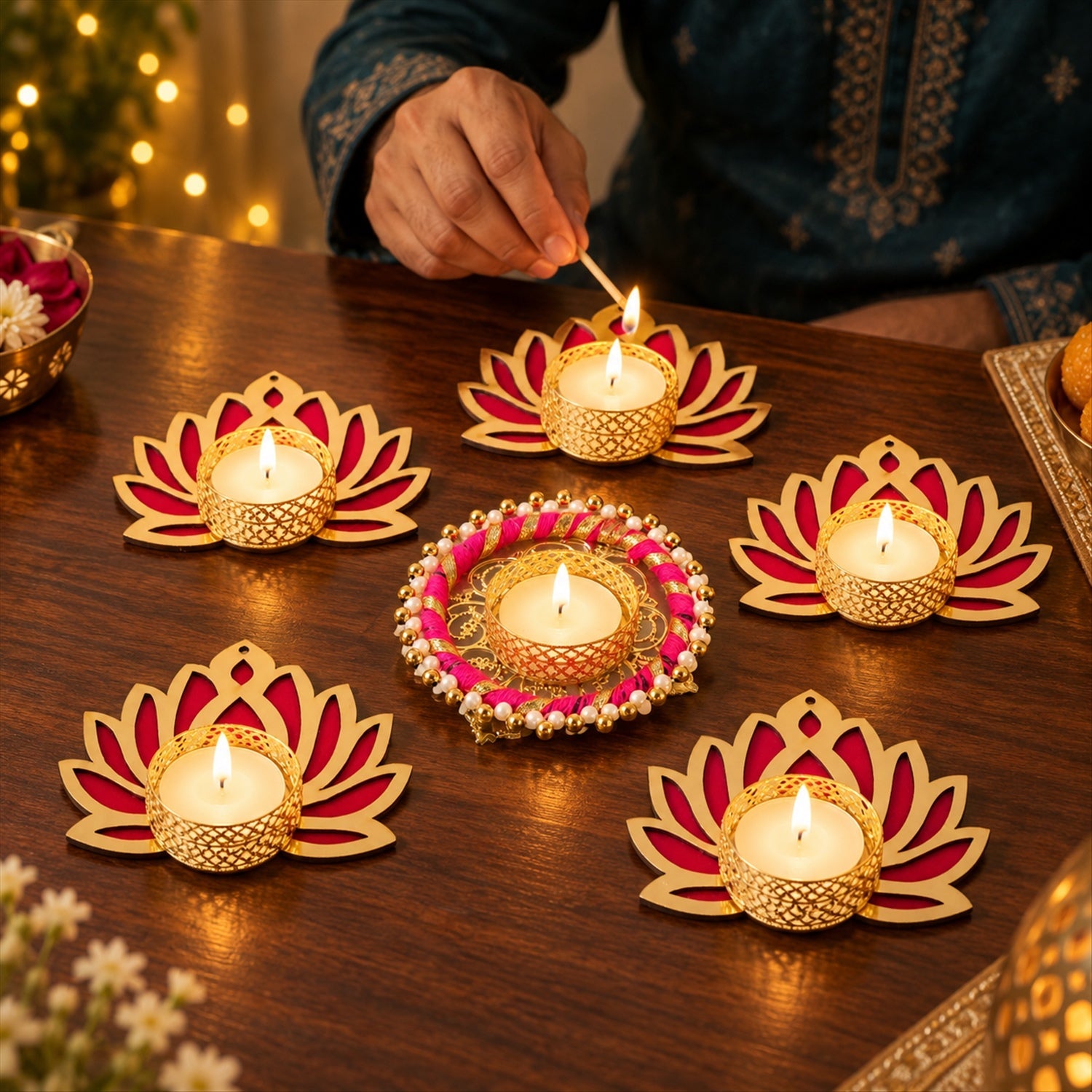 A person lighting a candle in one of the six golden and magenta lotus-shaped tealight holders on a dark wooden table.