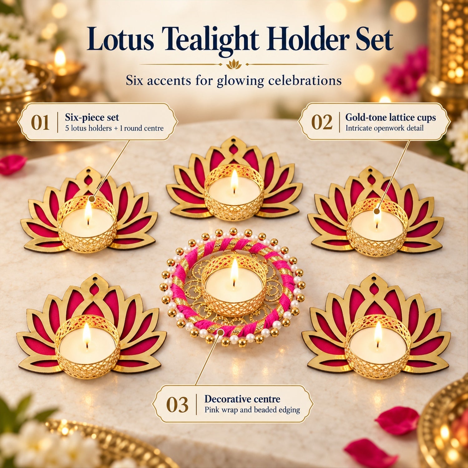 Overhead view of six golden and magenta lotus-shaped tealight holders with lit candles, on a light marble surface.