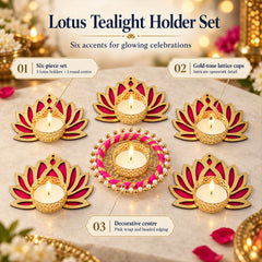Overhead view of six golden and magenta lotus-shaped tealight holders with lit candles, on a light marble surface.
