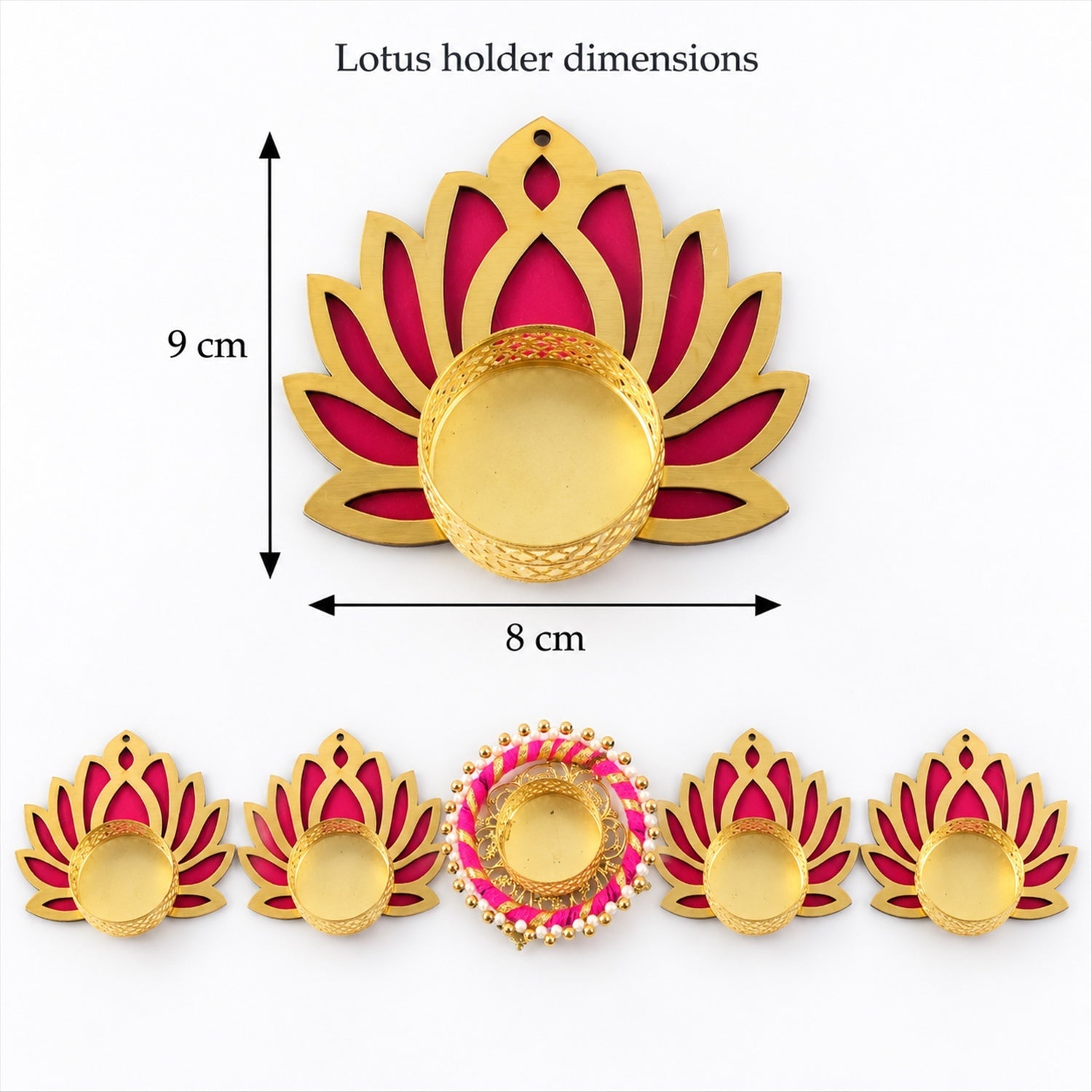 Overhead view of six golden and magenta lotus-shaped tealight holders on a white background, showing dimensions of one