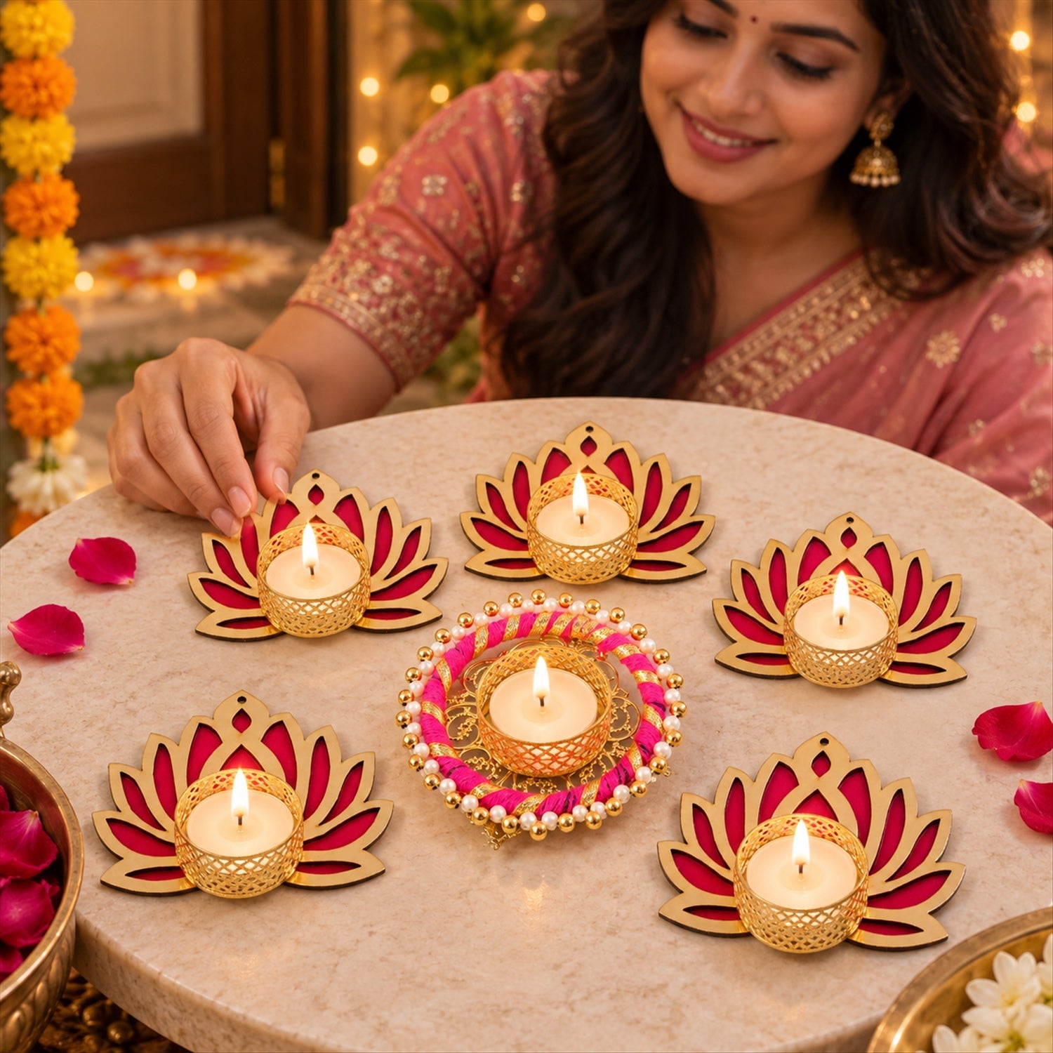A woman arranging one of the six golden and magenta lotus-shaped tealight holders on a light-colored round table.