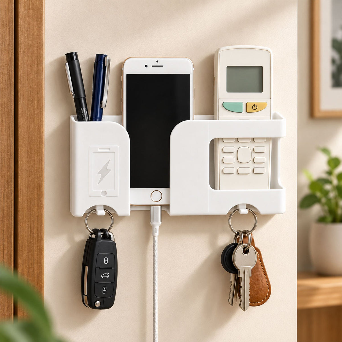 White wall-mounted organizer holding a smartphone, two pens, a remote control, and two sets of keys. A charging cable is
