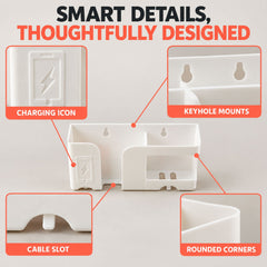 Detailed view of the white organizer highlighting a charging icon, keyhole mounts, a cable slot, and rounded corners.