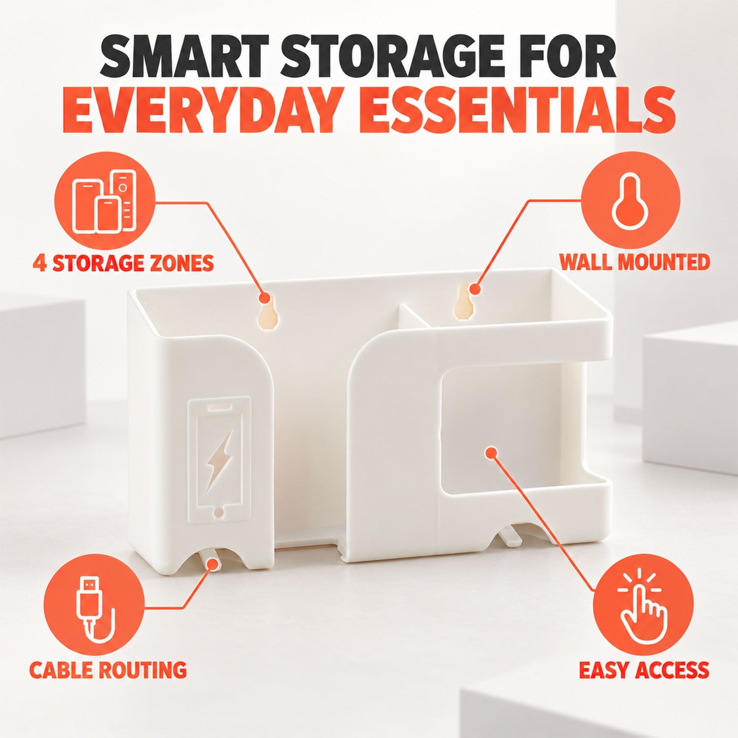 White organizer from an angle, showing four storage zones, wall-mounted capability, cable routing, and easy access features.