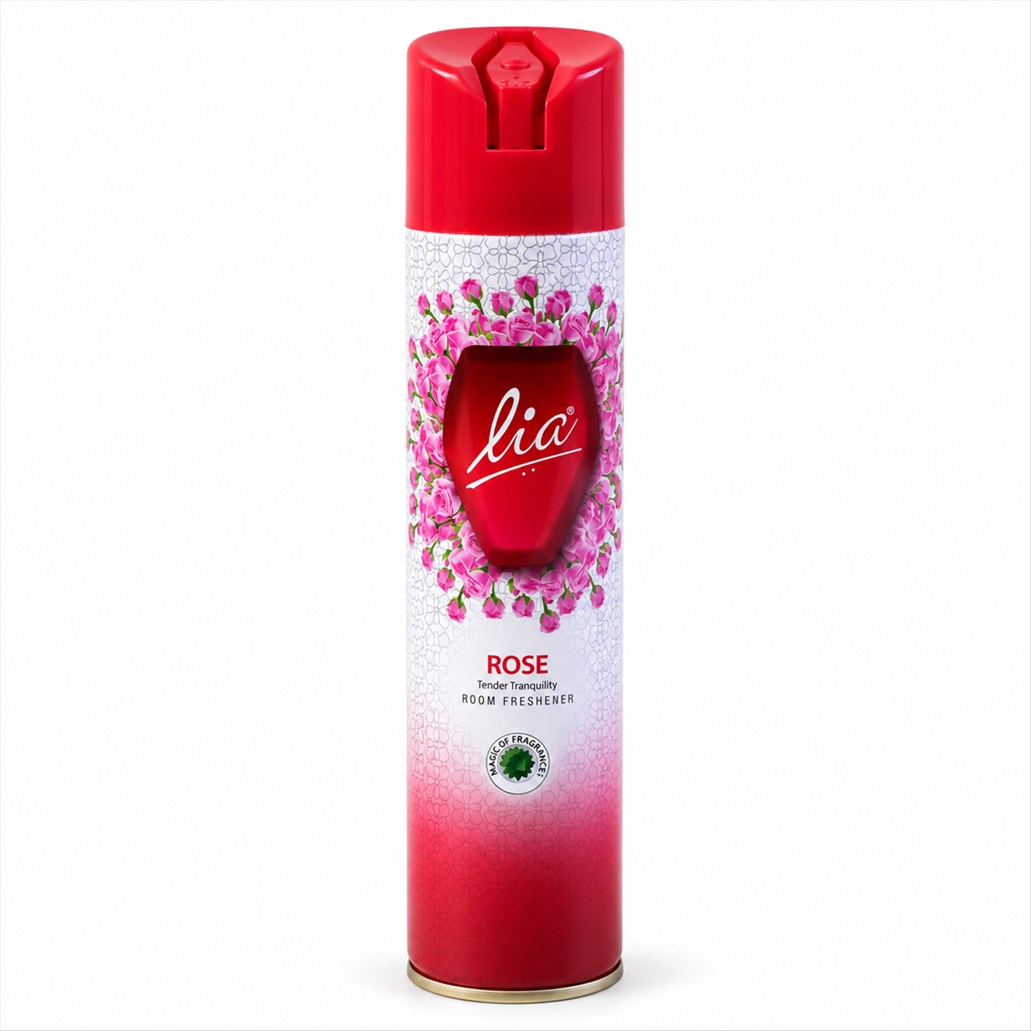 Red and white aerosol can featuring a pink rose design, with a red cap and gold base, against a plain white background.