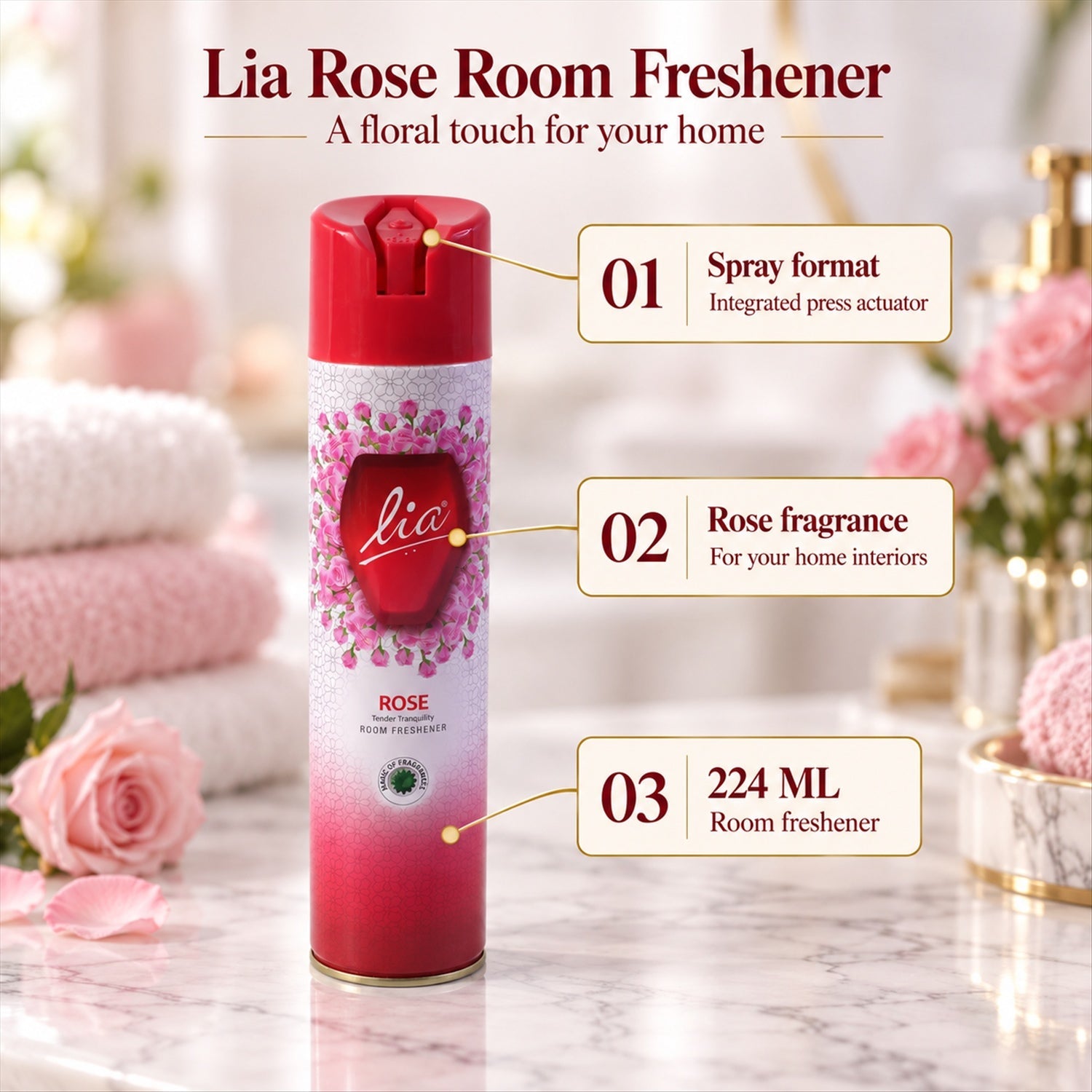 Red aerosol can with rose graphics and text overlays detailing its spray format, rose fragrance, and 224 ml volume.