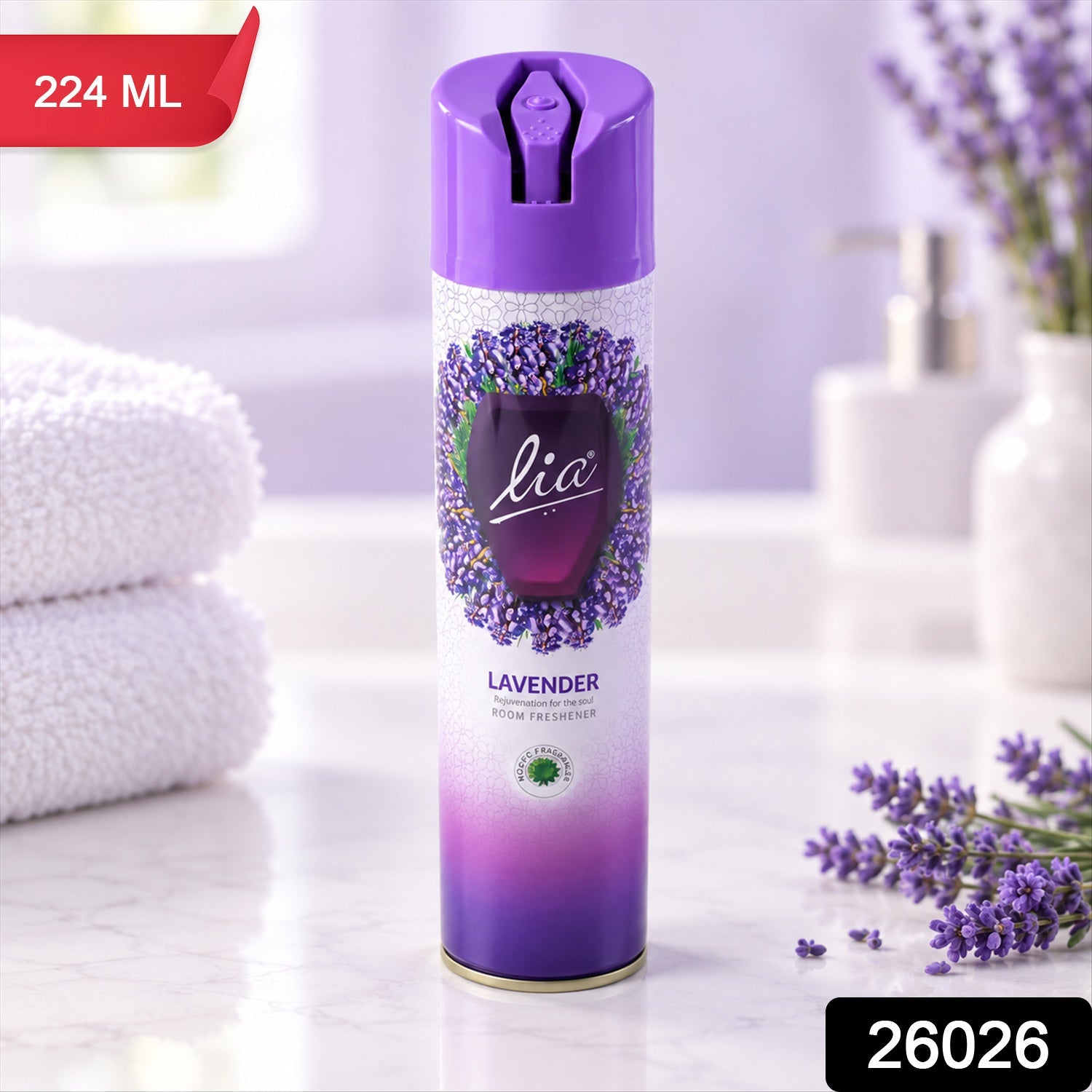 A purple and white lavender room freshener spray can with a red 224 ML label and black 26026 label.