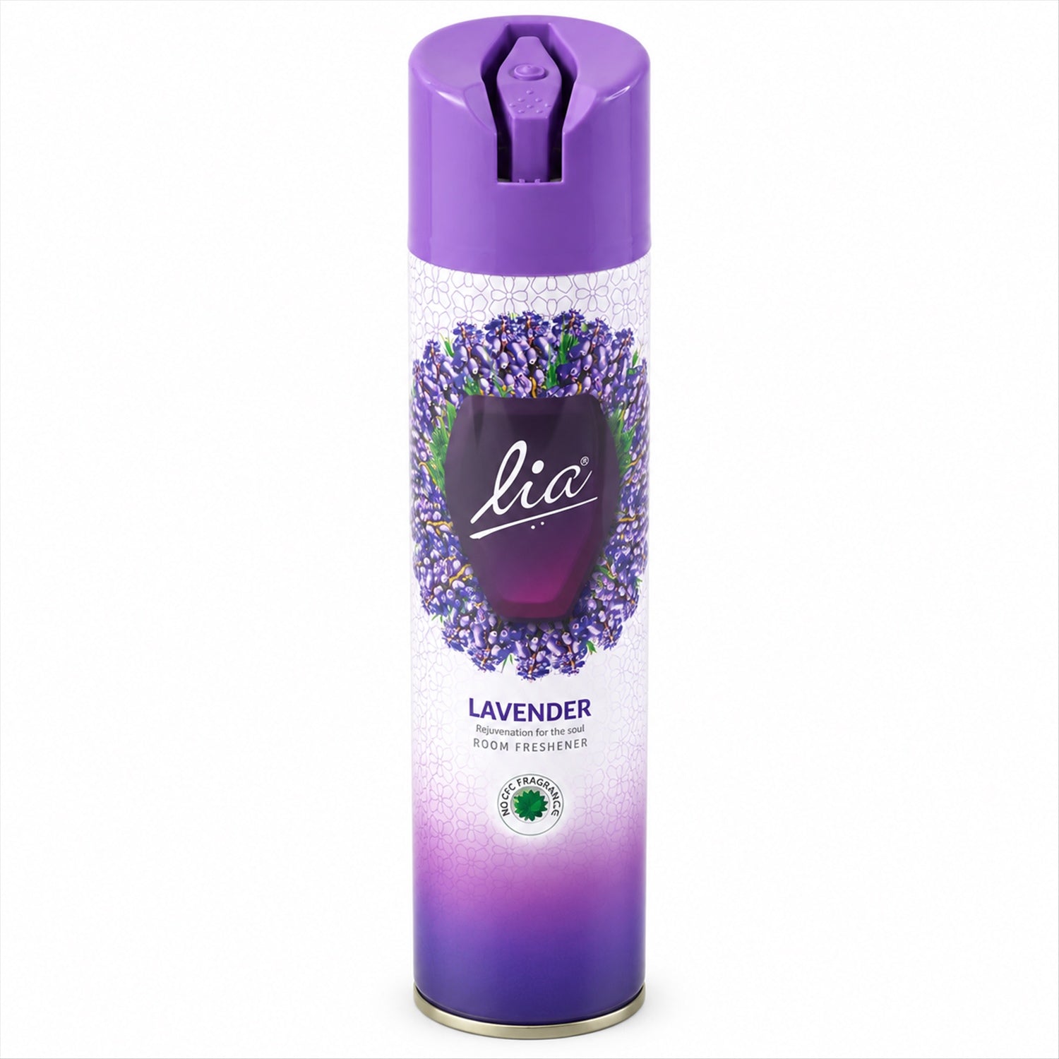 A single purple and white lavender room freshener spray can stands upright on a plain white background.