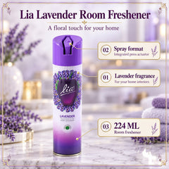 A purple and white lavender room freshener spray can with descriptive labels about its features and volume.