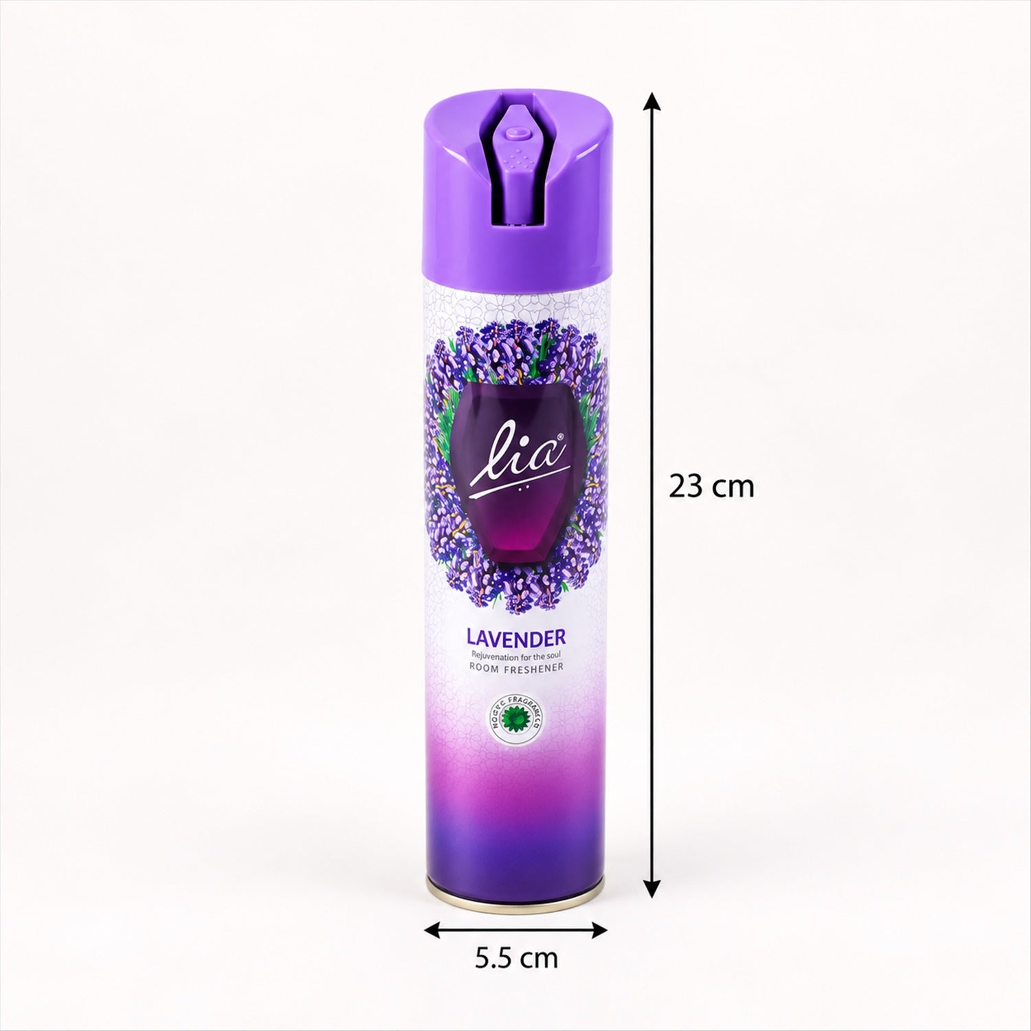 A purple and white lavender room freshener spray can with measurements indicating its height and width.