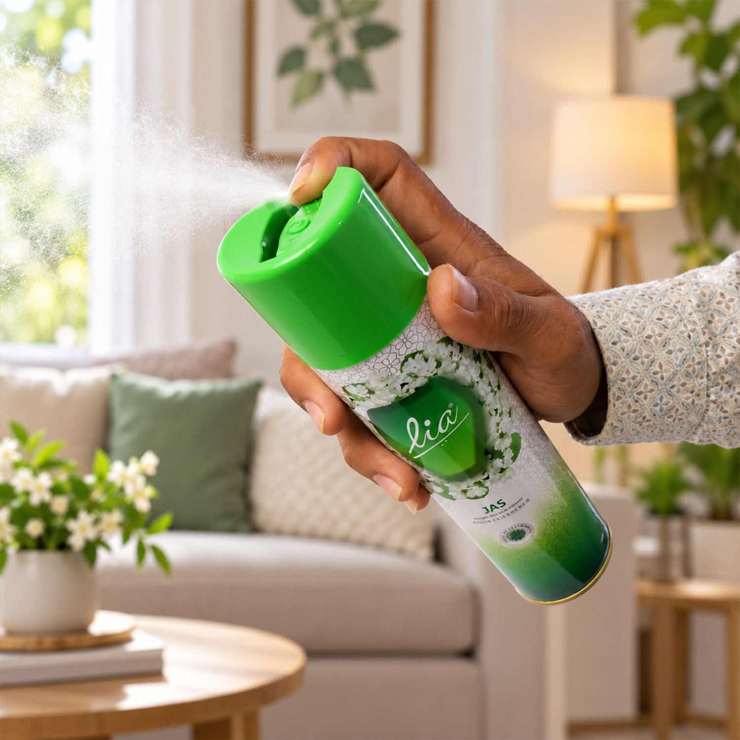 A hand sprays Lia Jas room freshener into a living room with a sofa, lamp, and coffee table.