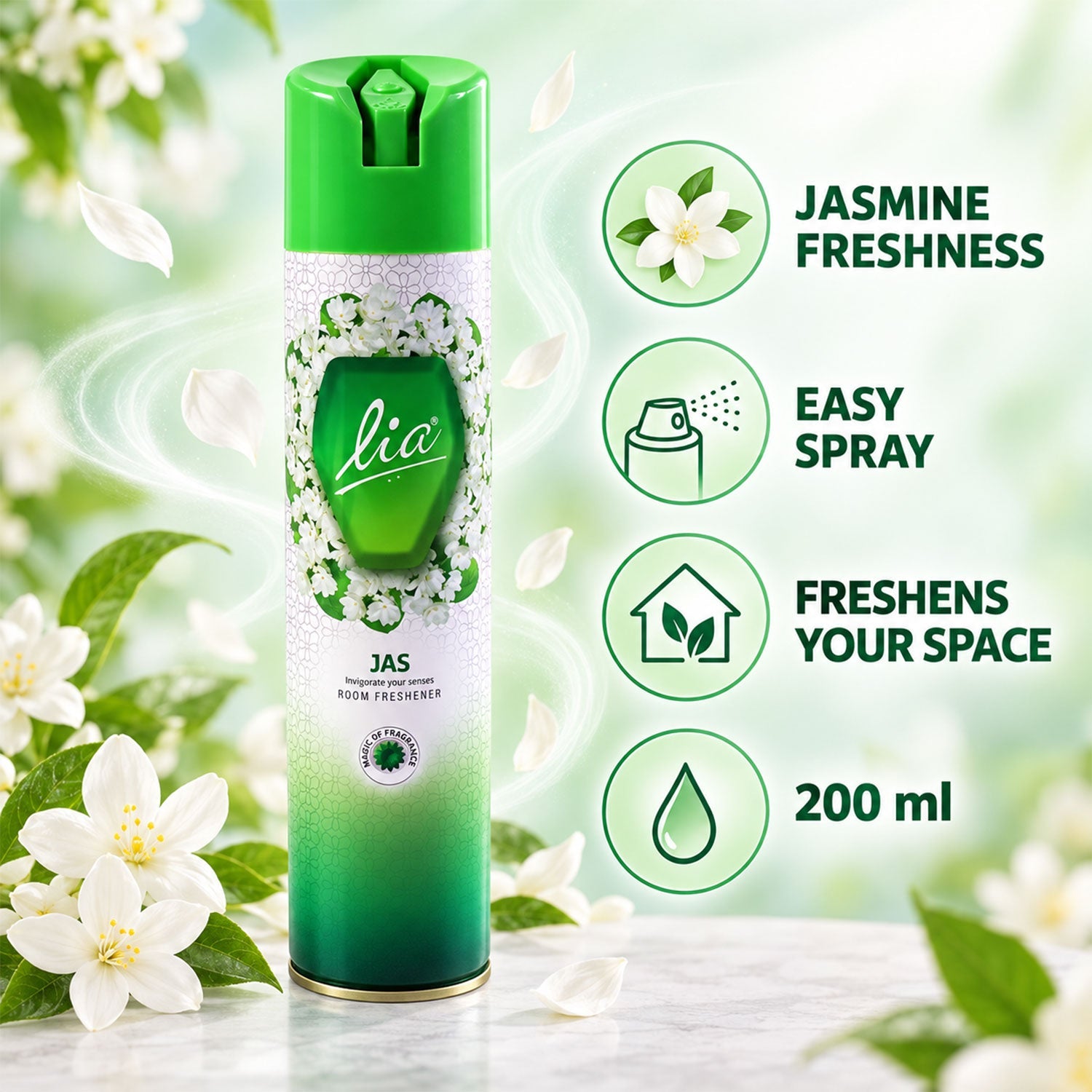 Lia Jas room freshener can with icons for jasmine freshness, easy spray, home use, and 200 ml volume.