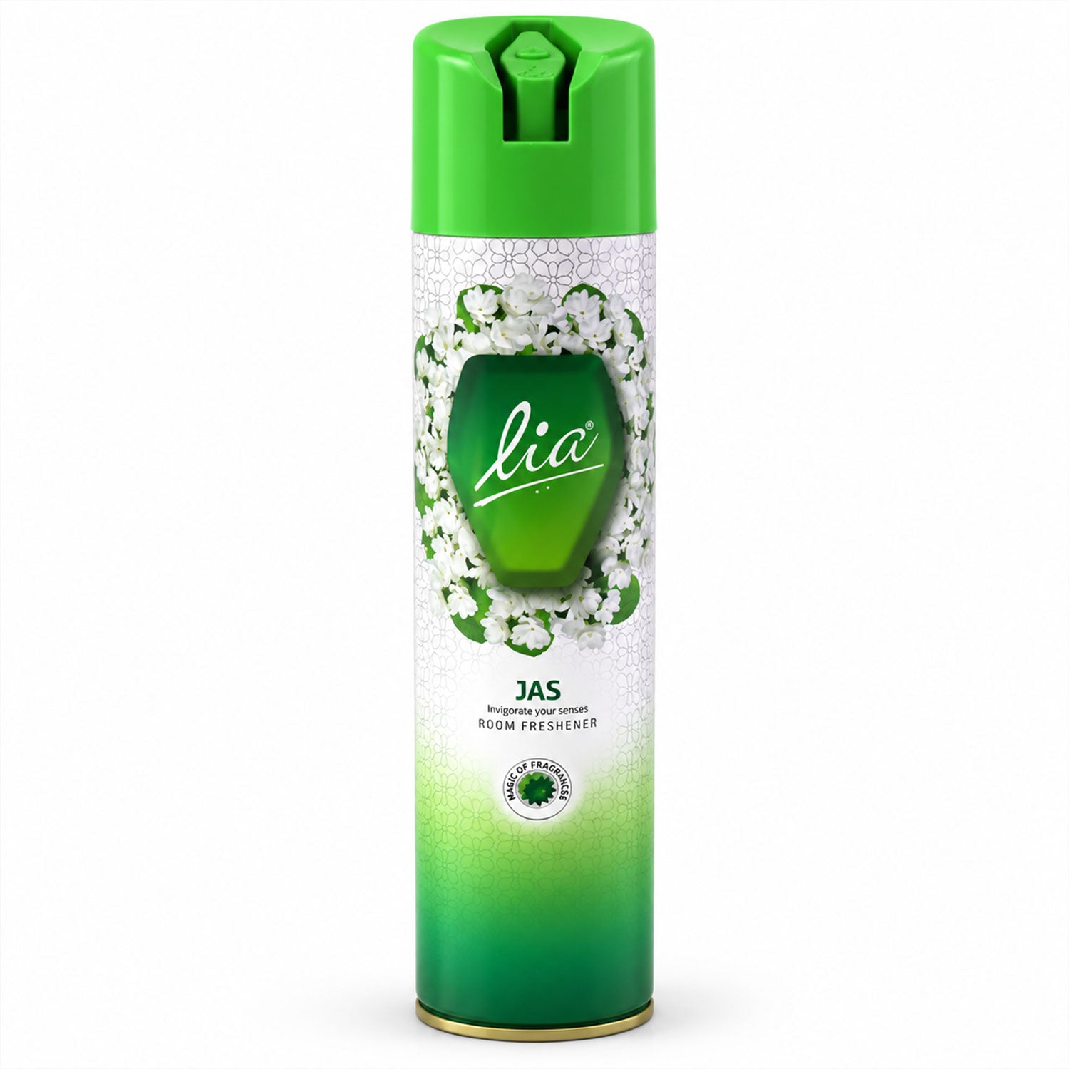 Green and white Lia Jas room freshener aerosol can on a plain white background.